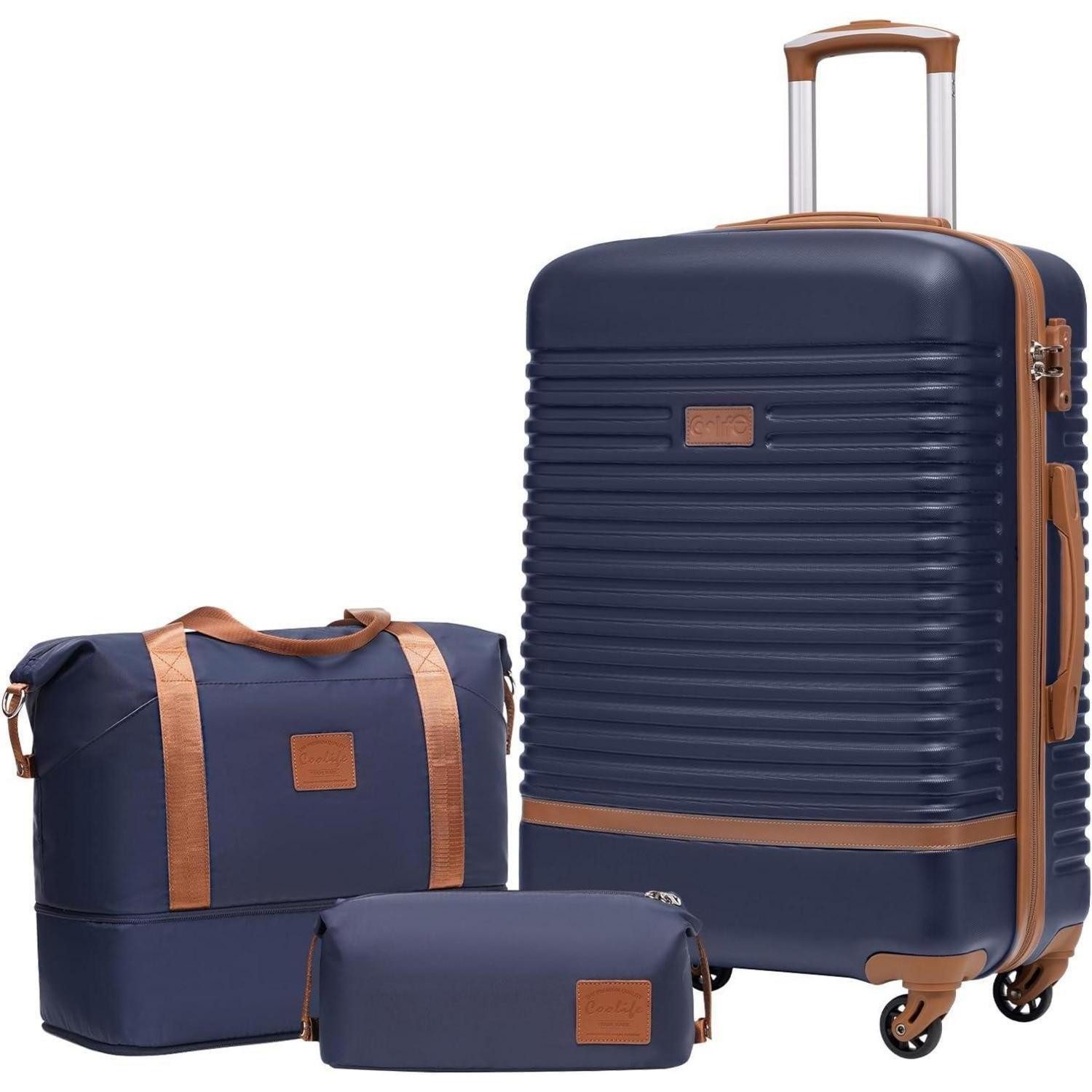 LuxusKollektion Kofferset Koffer Set ABS Hartschale 4 Rollen Trolley TSA Mittlerer Blau/Braun