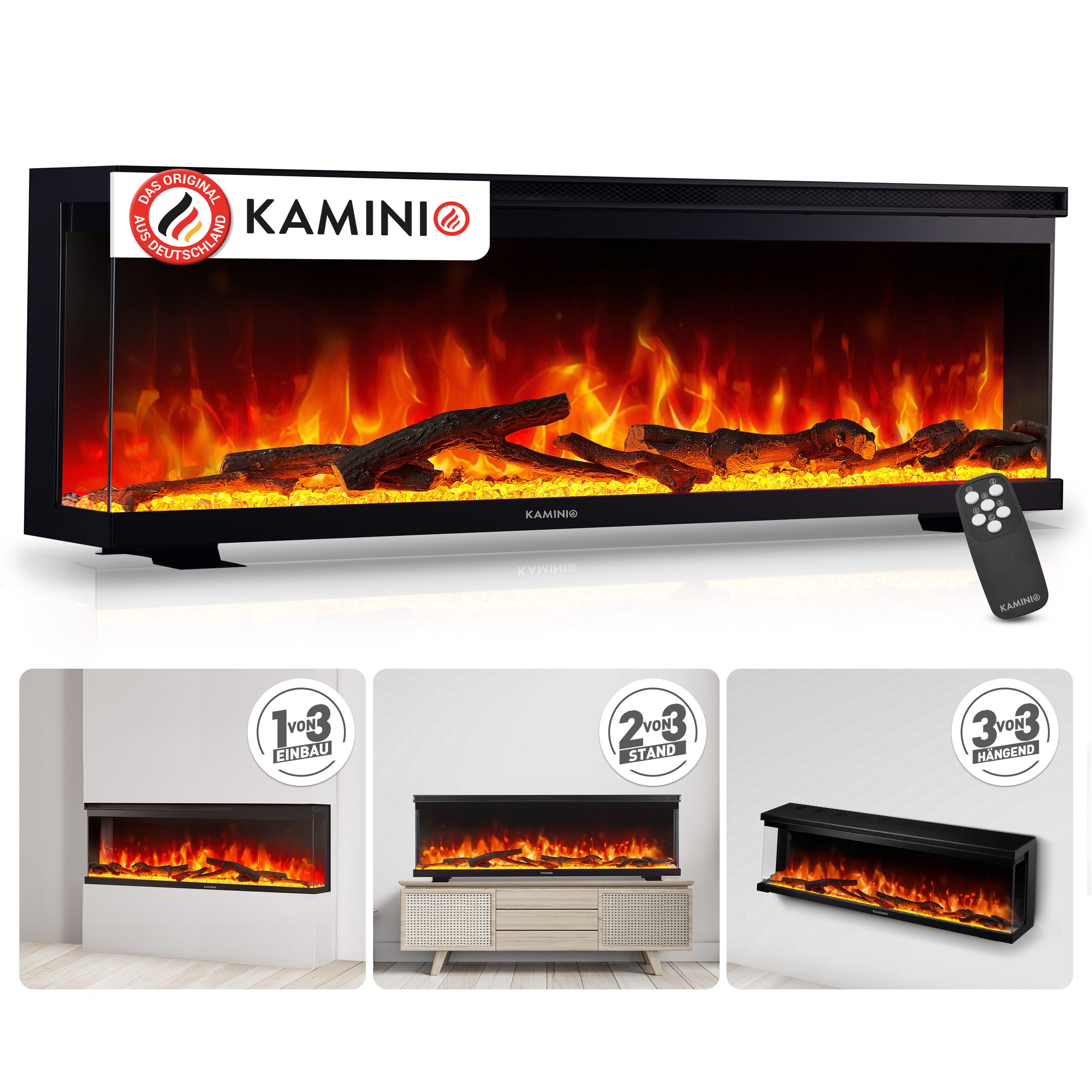 KAMINIO Elektrokamin LEA, 3in1 Kamin: Elektrischer Stand-, Wand- und Einbaukamin, Panoramaview