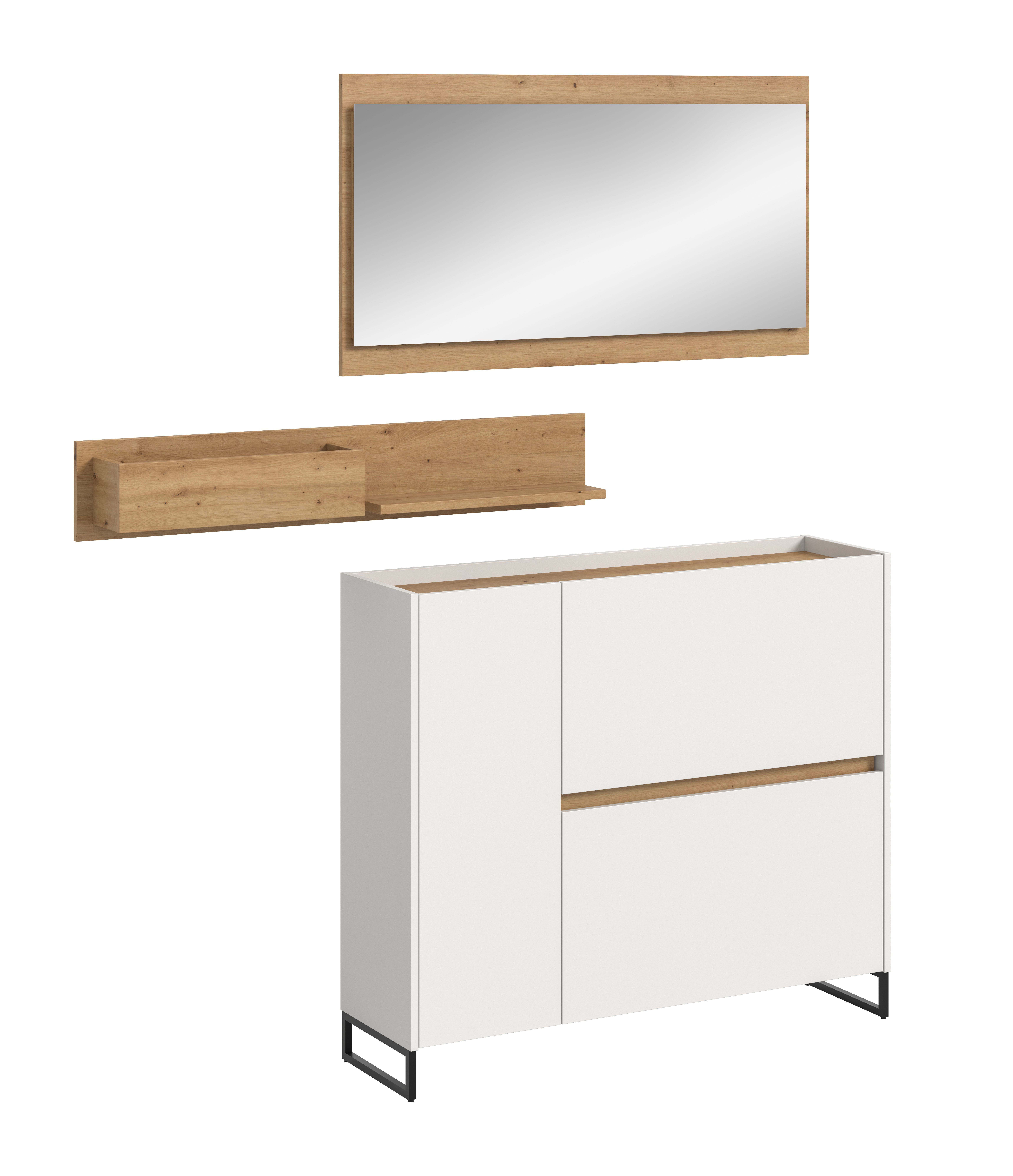furnling Garderoben-Set Dravo, (3-St., Hängeregal, Schuhkommode, Spiegel), Ablagefläche, große Spiegelfläche, weiß/Artisan Oak, Breite 140 cm