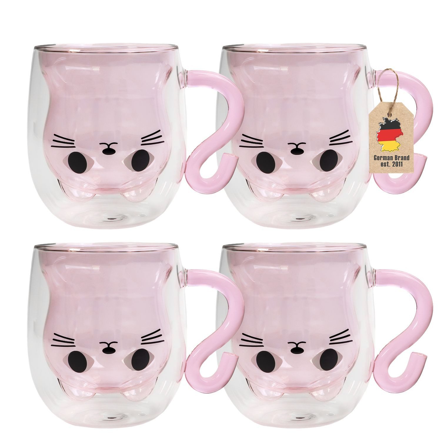 Intirilife Gläser-Set, 4-tlg., Glas, Thermo Glas Doppelwandig 200ml Kaffeetasse Teetasse Katzendesign 4-tlg
