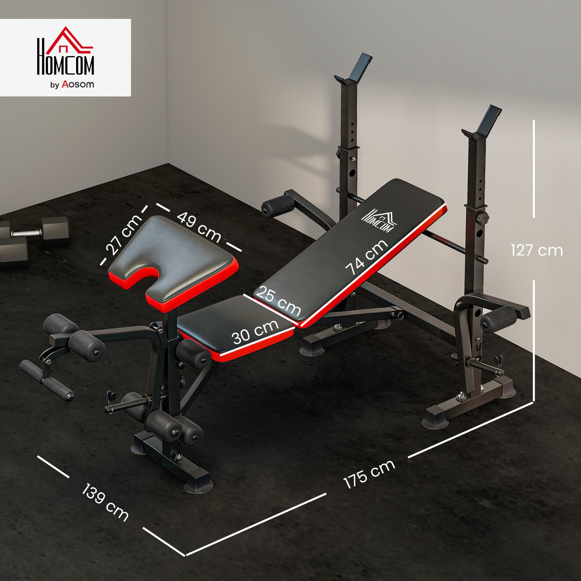 HOMCOM Hantelbank Langhantelständer Butterfly Beincurler Flachbank, (verstellbare Multifunktion Trainingsbank, 1-tlg., Schrägbank mit Ablage), bis 200 kg Fitnessbank für Zuhause
