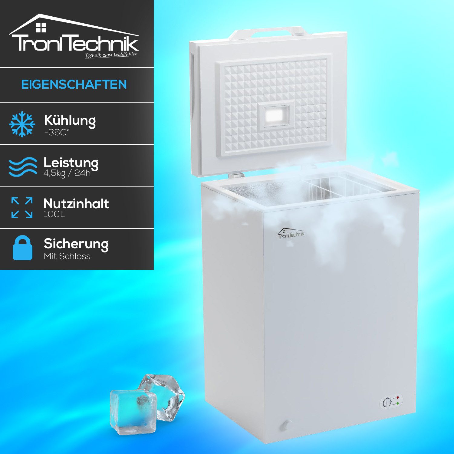 TroniTechnik Gefriertruhe Einstellbarer Temperaturregler, kühlen und gefrieren BORGAR 110 PRO, 55 cm breit, 100 l, inkl. Dual Thermostat, LED Licht, Griff, Schloss, Rollen, Einlegekorb