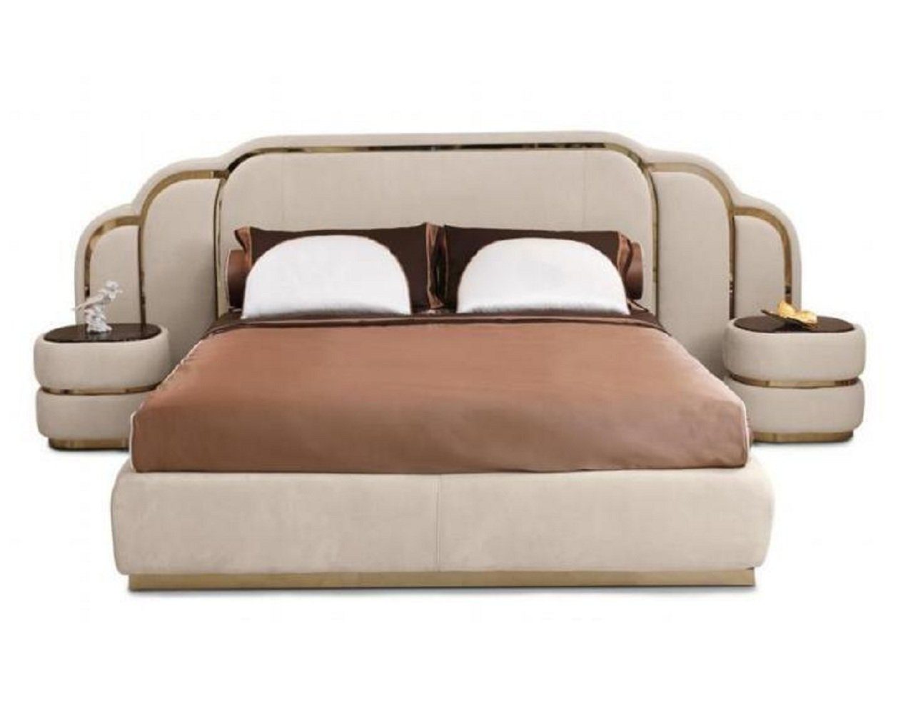 JVmoebel Schlafzimmer-Set Beige Schlafzimmer Möbel Bett 2x Nachttische Holz Garnitur Luxus Set, (3-St., 1x Bett + 2x Nachttische), Made in Europa