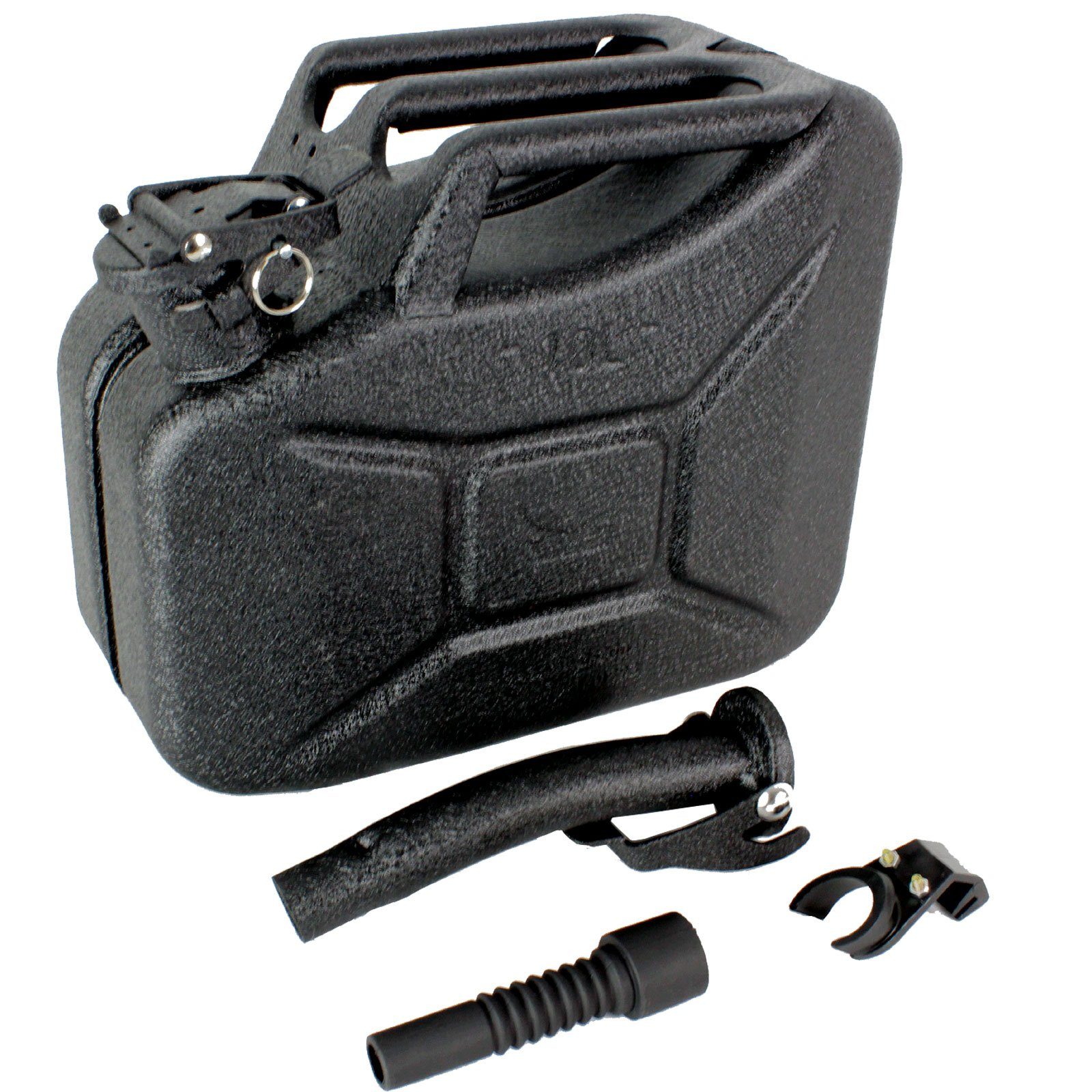TRUTZHOLM Kanister 1x Benzinkanister Metall 10 L Hammerschlag kratzfest (Set), inkl. Ausgießer + Halter schwarz