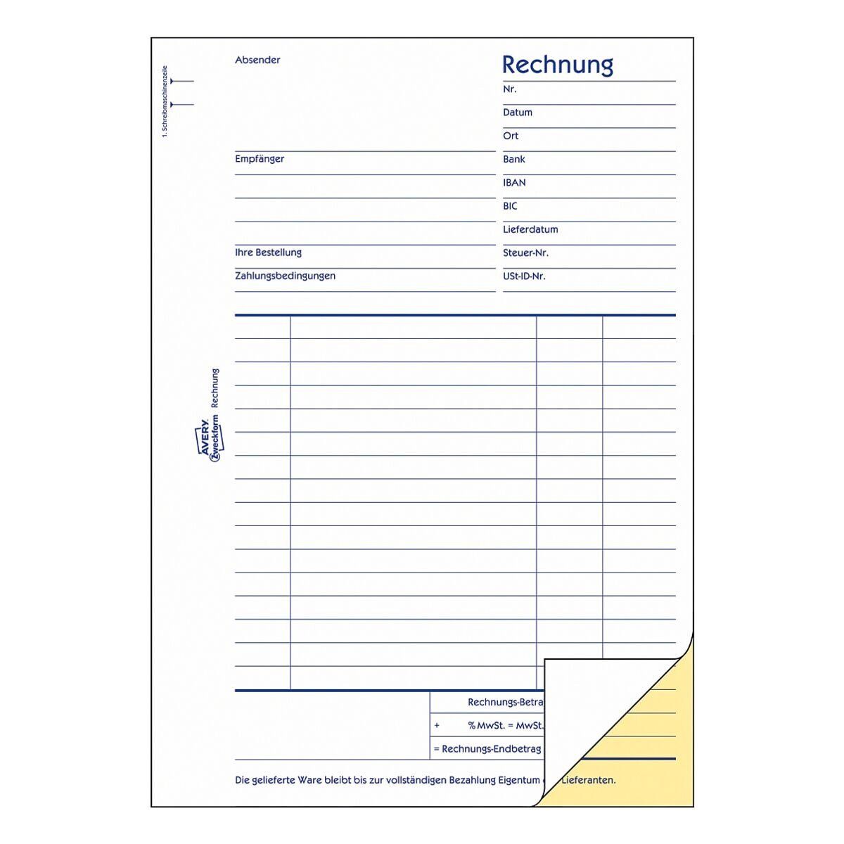 2-fach, selbstdurchschreibend Formularblock Rechnung, Avery Zweckform
