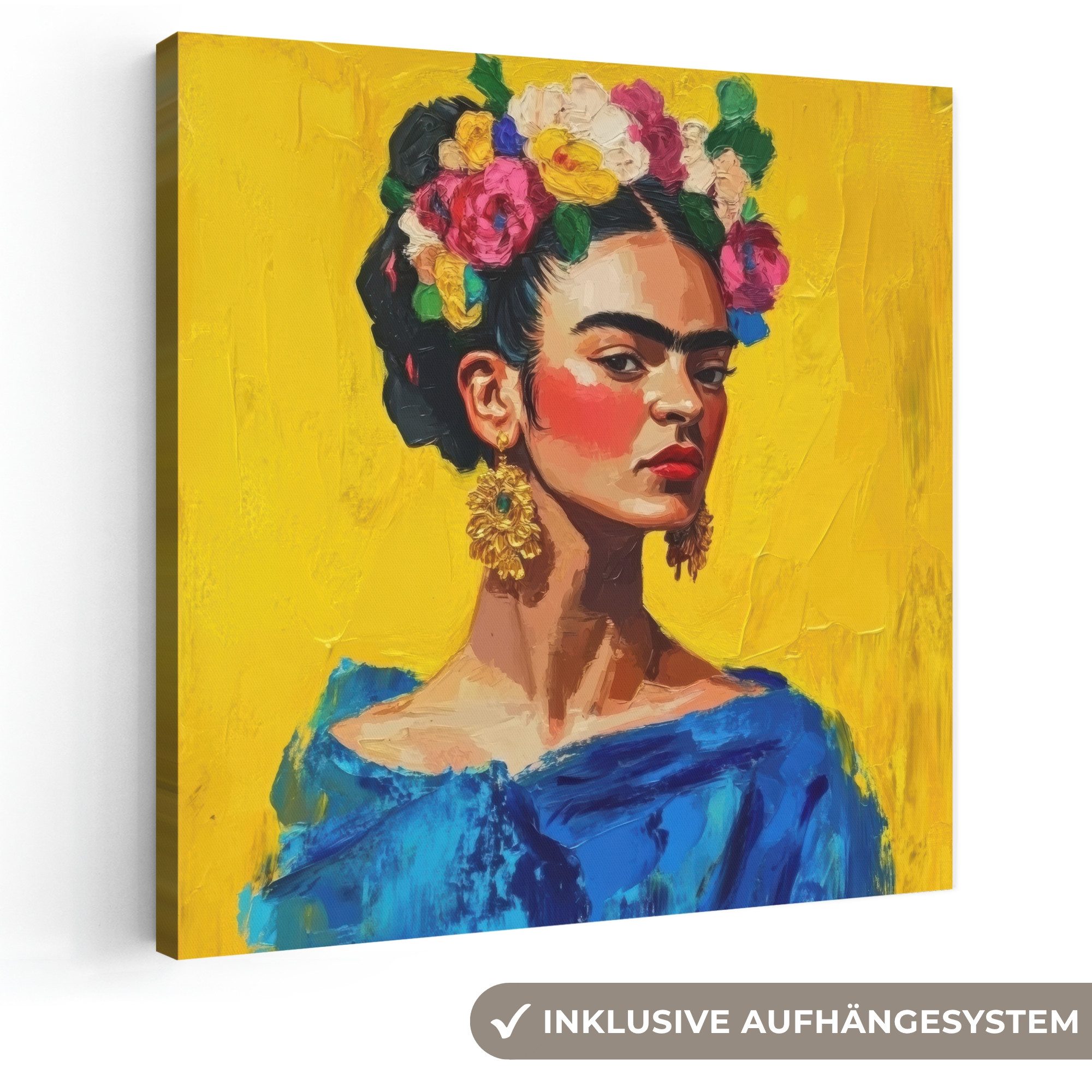 OneMillionCanvasses® Leinwandbild Frida Kahlo - Frau - Gelb - Blau - Blumen, Fotodruck (1 St), Wandbild, Deko Schlafzimmer Wohnzimmer Flur 20x20 cm