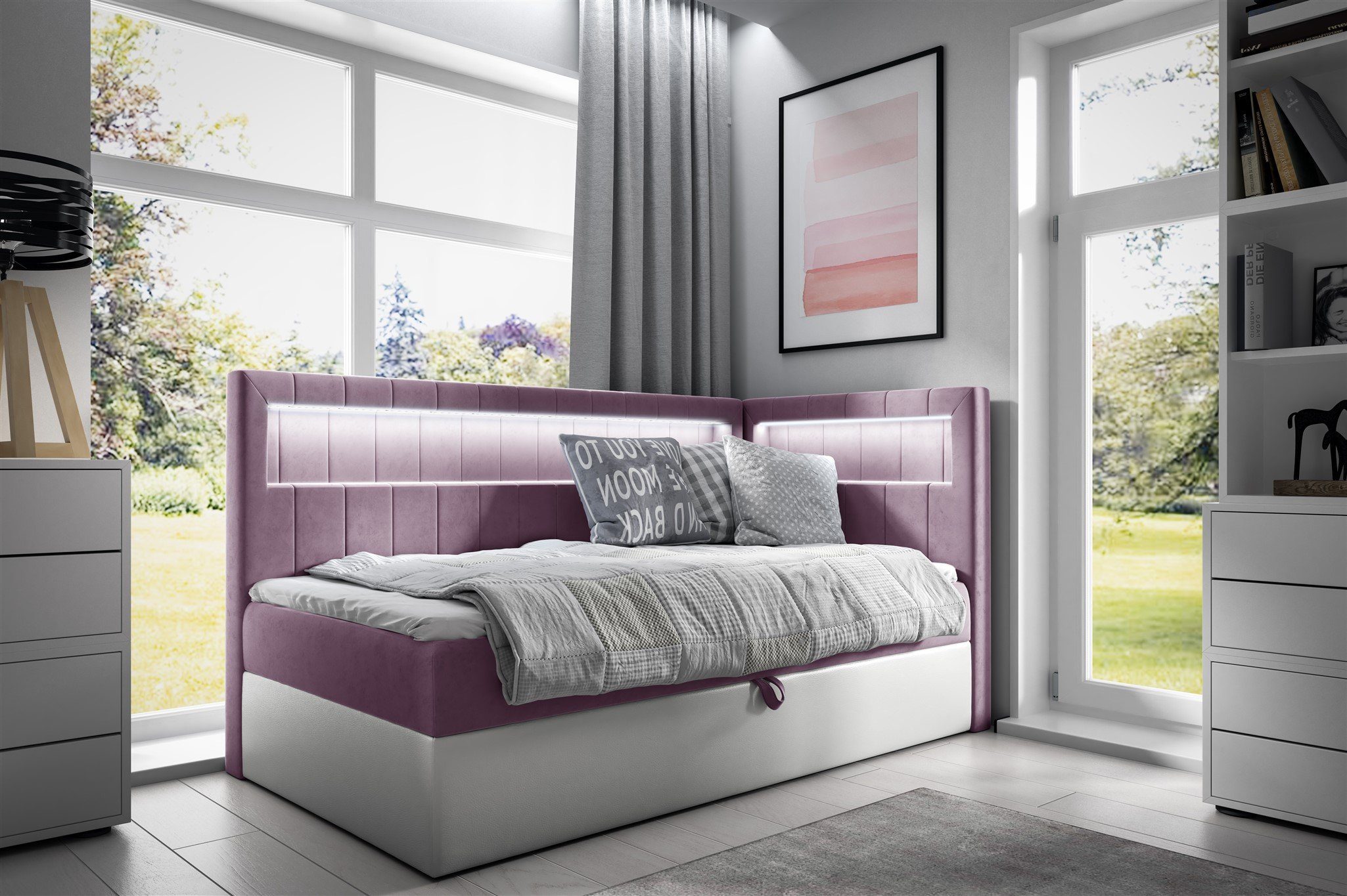 Fun Möbel Boxbett Gästebett Kinderbett FABIAN Nr.3 (inkl. Bettkasten und Topper), inkl. LED-Beleuchtung