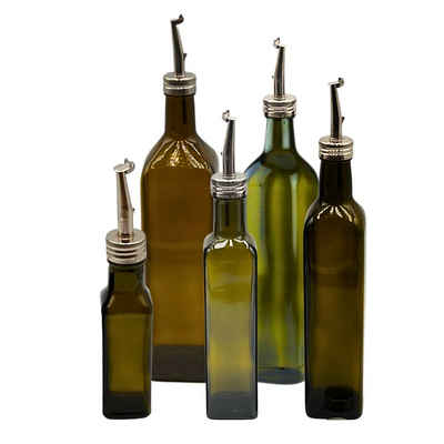 mikken Ölspender 2er Set Ölflaschen 100-1000 ml Glasflasche braun/grün mit Ausgießer, UV-Schutz, inkl. Beschriftungsetiketten