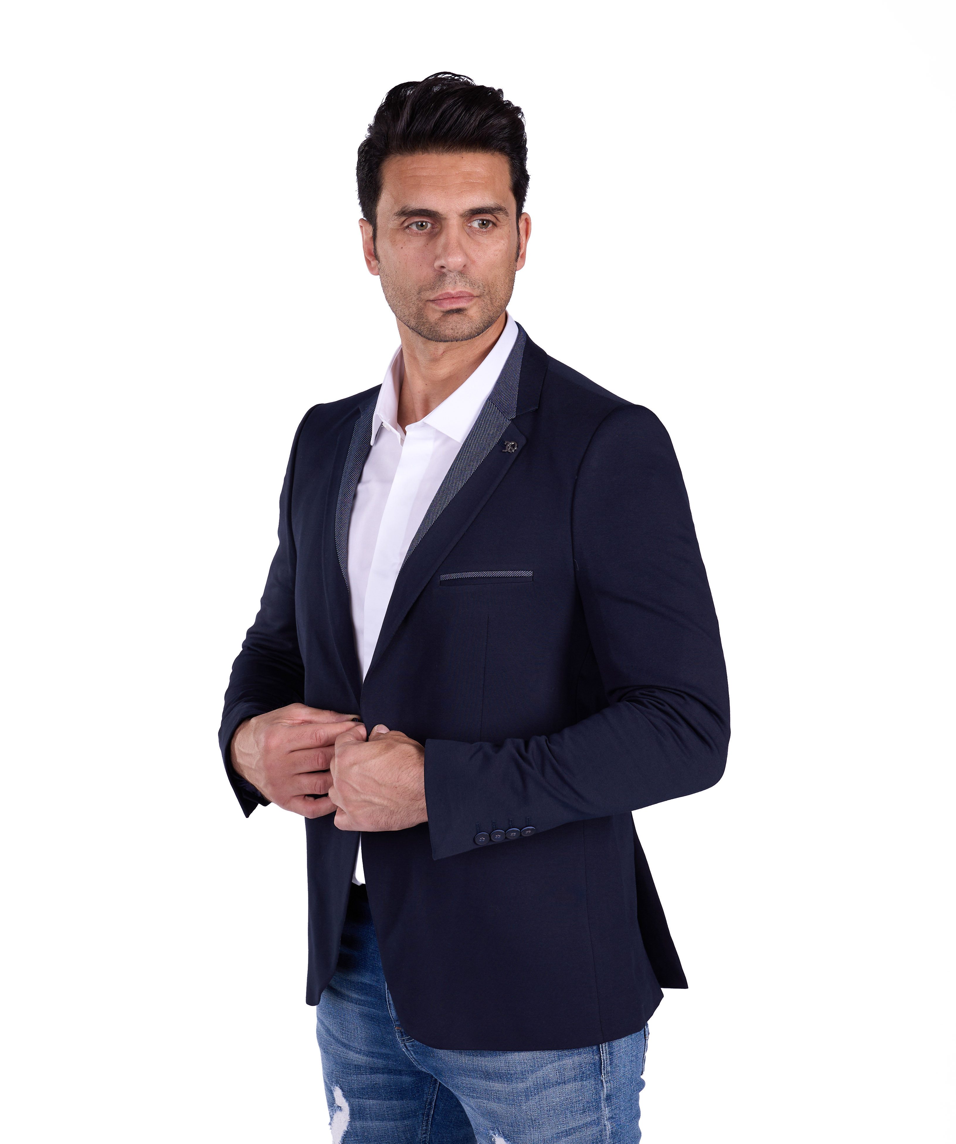 Denim Distriqt Jerseysakko Jersey Sakko mit Jeanskragen Navy Gr. 56 entspri günstig online kaufen