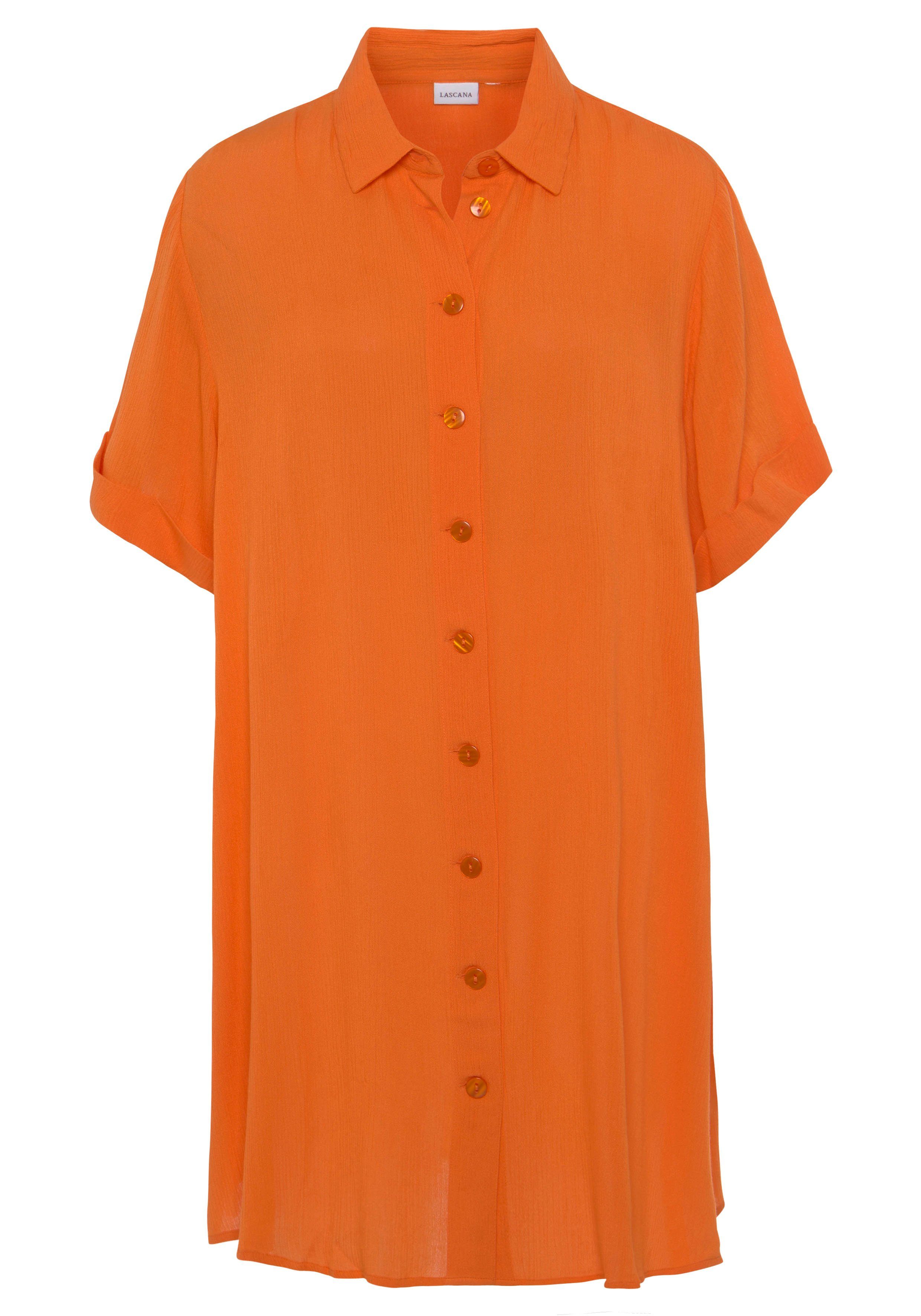 LASCANA Longbluse mit Knopfleiste, Kurzarmbluse, sommerlich Blusenkleid, orange