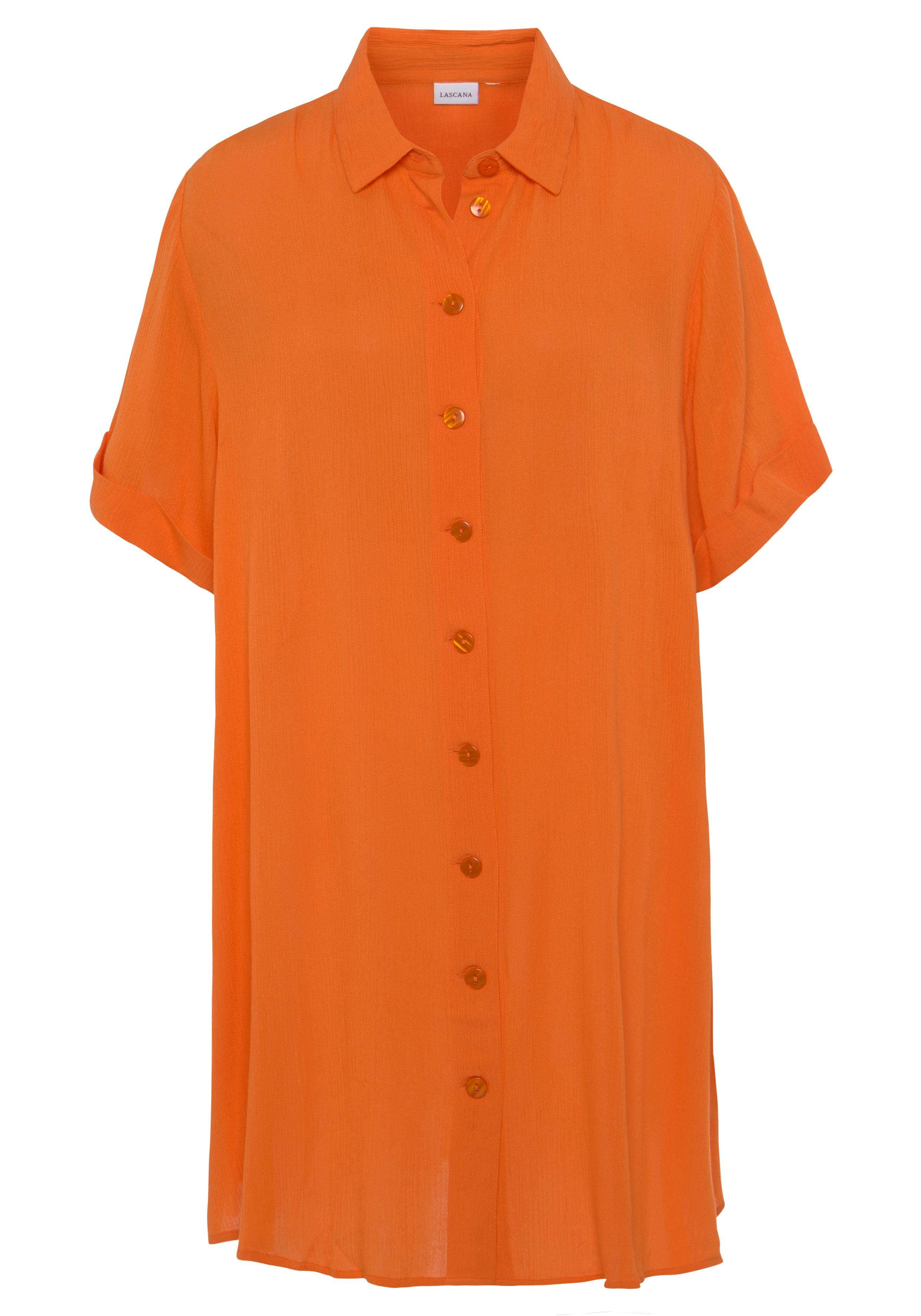 LASCANA orange Longbluse Kurzarmbluse, Blusenkleid, mit sommerlich Knopfleiste,