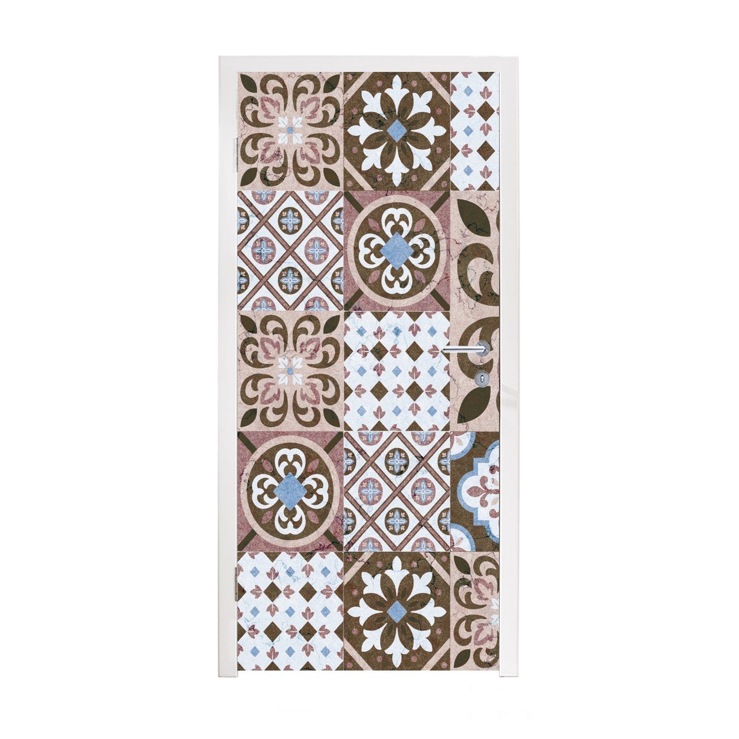 MuchoWow Türtapete Muster - Vintage - Braun - Blumen - Formen, Matt, bedruckt, (1 St), Fototapete für Tür, Türaufkleber, 75x205 cm