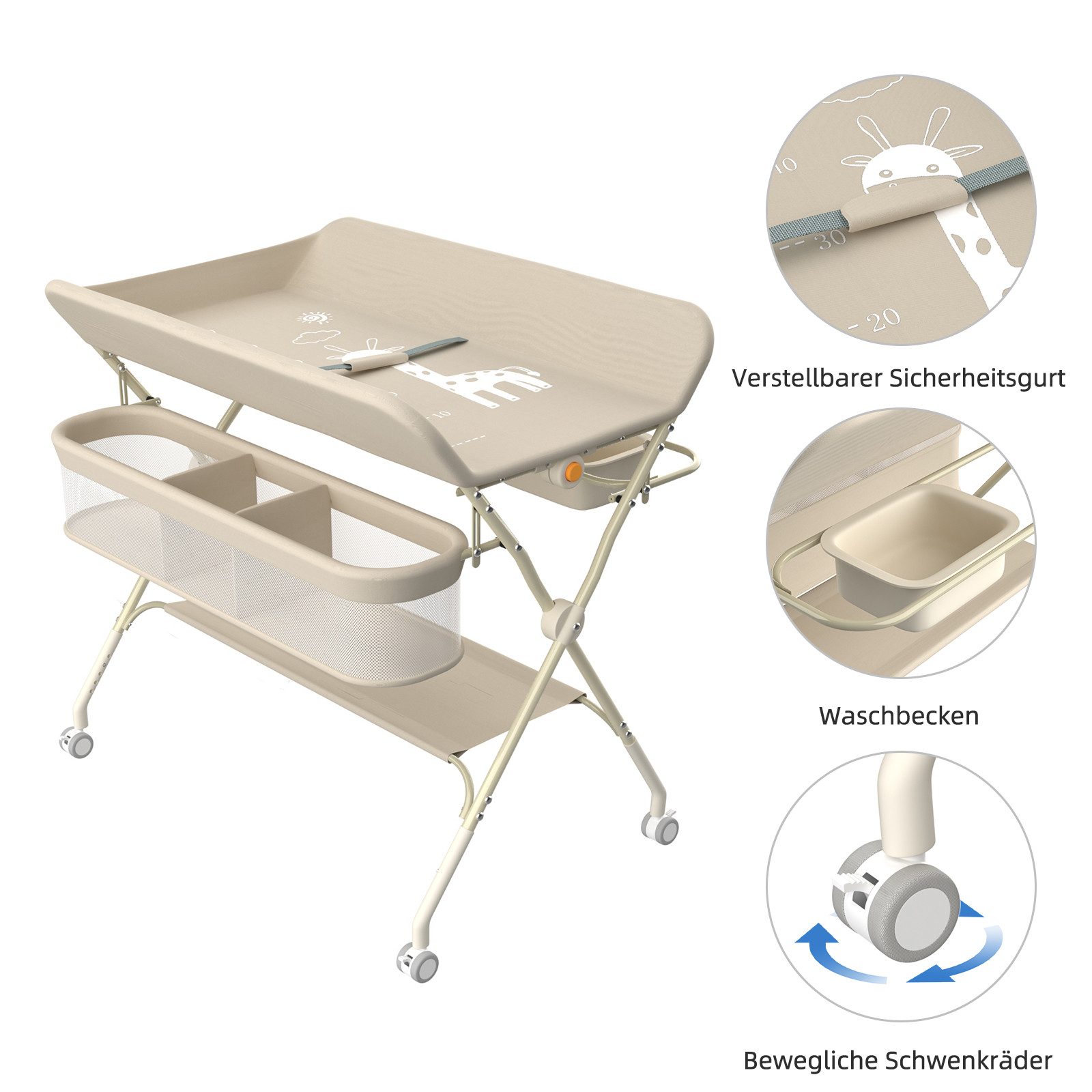 JEOBEST Wickeltisch Baby Wickelkombi, Wickelauflage,Trendy, (1-tlg) Mobil, Mit Bremse,5-fach höhenverstellbar,Klappbar,Ablagekorb – Bild 4 von 5