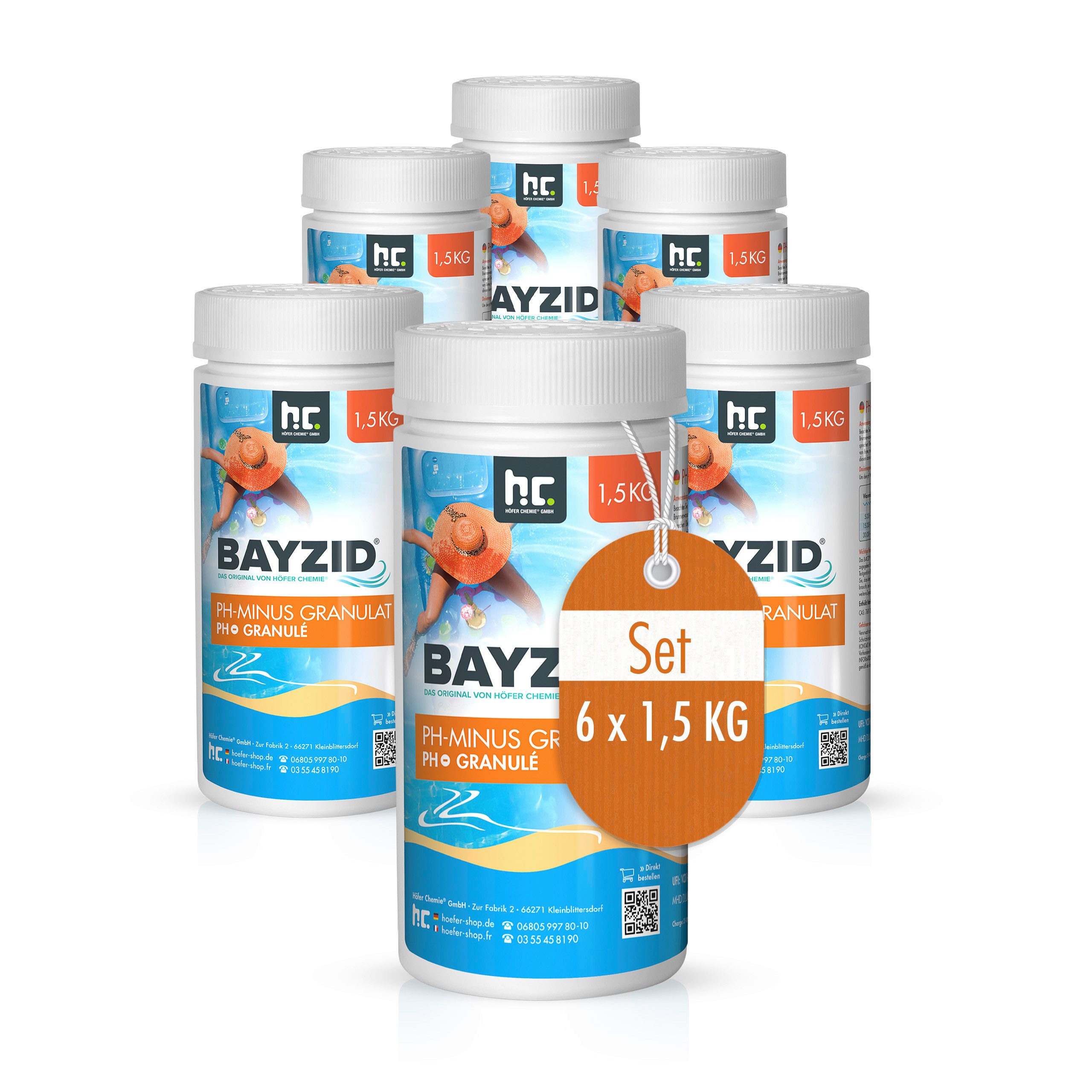 Höfer Chemie GmbH Poolpflege 6x 1,5 kg BAYZID® pH Minus Granulat für den Pool, Zuverlässige Regulierung des pH-Werts