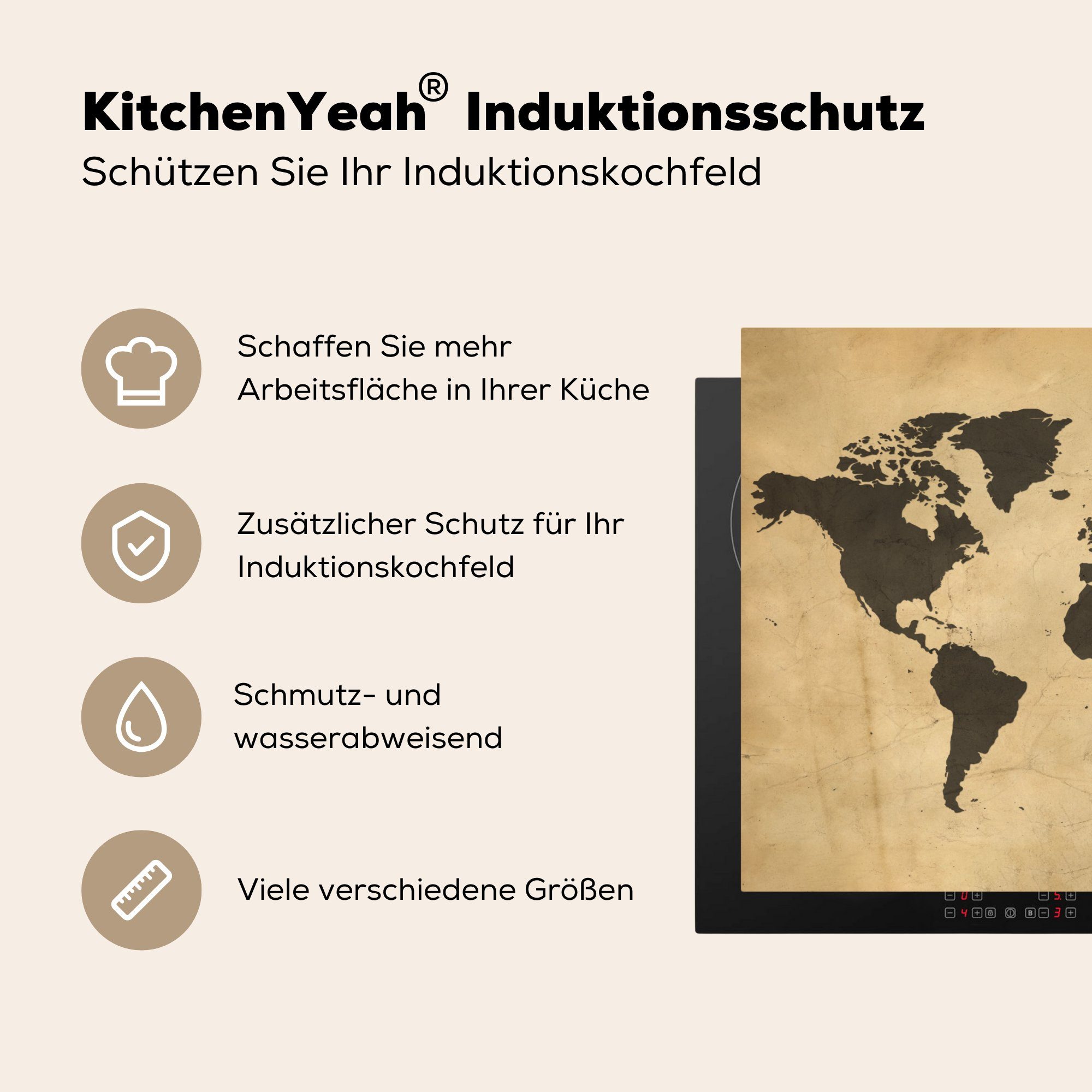 küche, die Vinyl, für Schutz (1 Weltkarte Ceranfeldabdeckung Induktionskochfeld - tlg), 71x52 Herdblende-/Abdeckplatte Reisen MuchoWow - Vintage, cm,