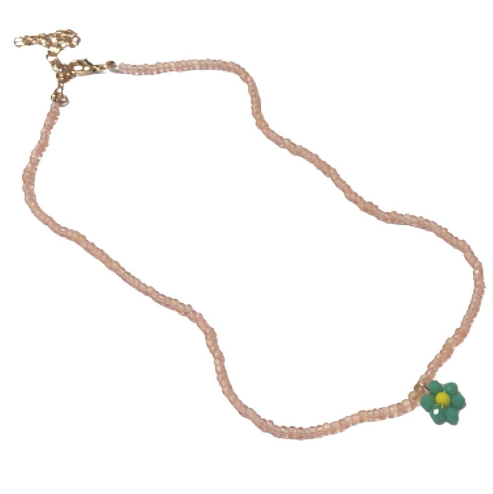BUNGSA Goldkette Kette Choker Perlen rosé mit grüner Blüte aus Kunststoff Damen (1-tlg), Halskette Necklace