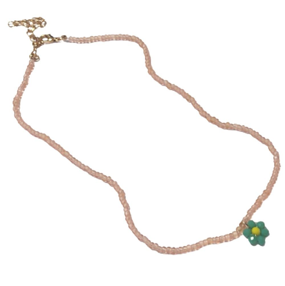 BUNGSA Perlenkette Kette Choker Perlen rosé mit grüner Blüte aus Kunststoff Damen (1-tlg), Halskette Necklace