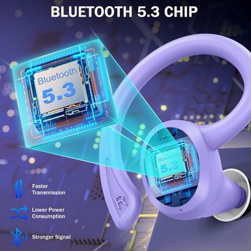 Rulefiss Kabellos Bluetooth 5.3 HiFi Stereo[2023]13 mm Treiber USB-C LEDLadebox In-Ear-Kopfhörer (Ergonomisches Design mit 45°-Ohrhaken für sicheren und bequemen Sitz., mit HD Mic, 48Std Ohrhörer mit Bügel, IP7 Wasserdicht/800mAh)