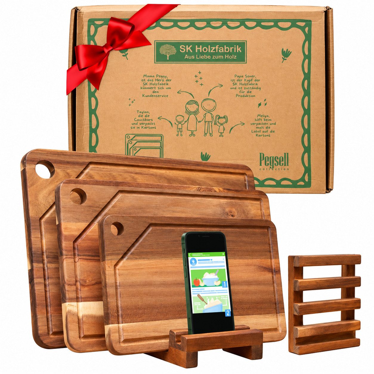 PEGSEN Schneidebrett Set Küchenbretter aus Holz mit Saftrille & Brettständer, Akazie, (Set, 4-St., 3 Schneidebretter mit Holzständer), inkl. Tablet - und Handyhalterung