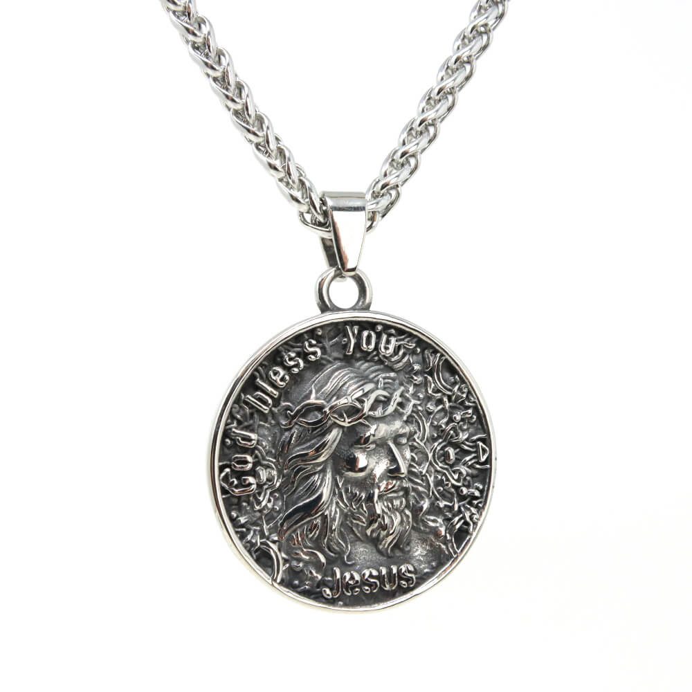 Kette mit Anhänger Lederkette Edelstahlkette 316L JESUS AMULETT