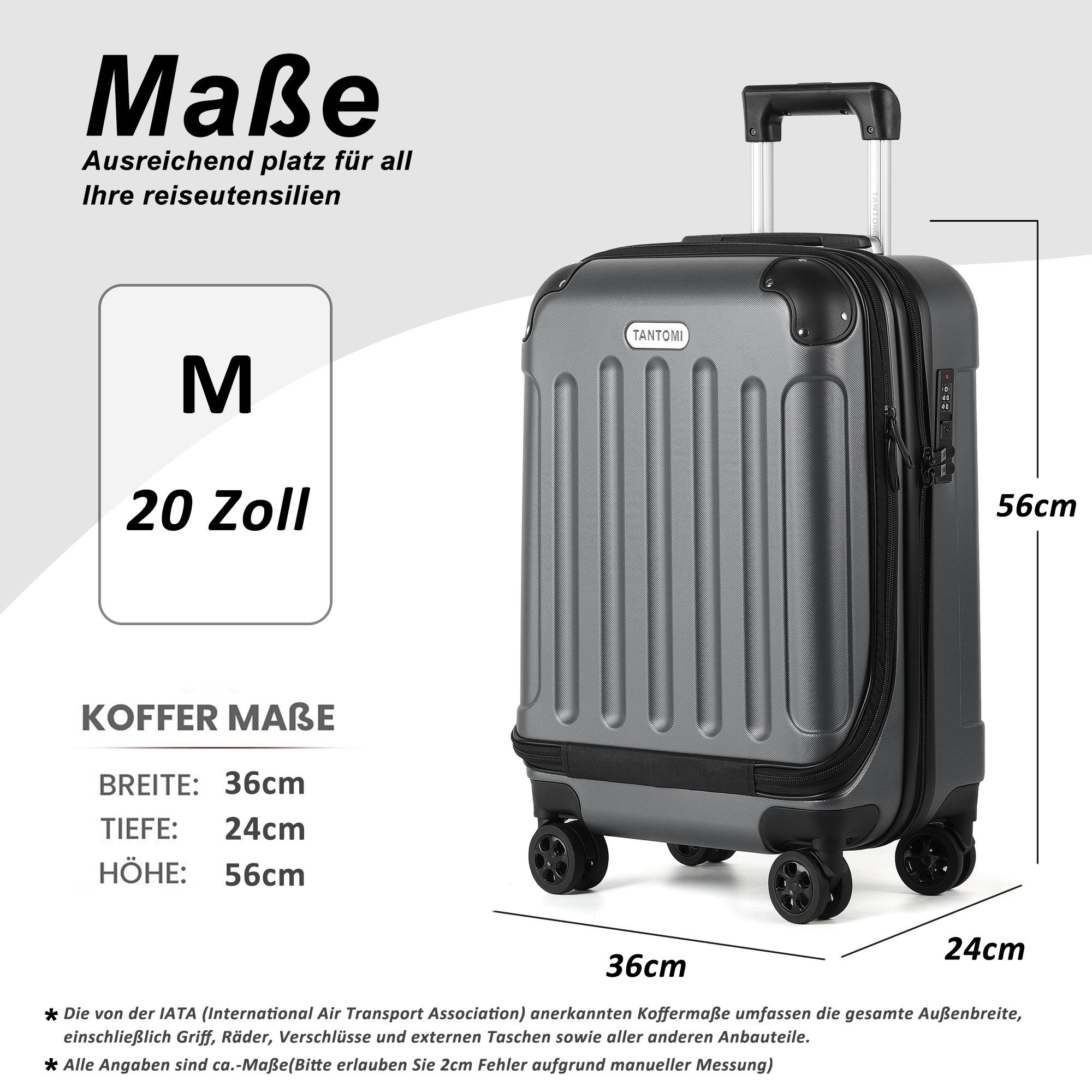 TAN.TOMI Hartschalen-Trolley Laptopfach vorne Koffer Handgepäck Hartschalenkoffer Rollkoffer, ABS-Schale 360-Grad-Lautlosrollen für Geschäftsreisen