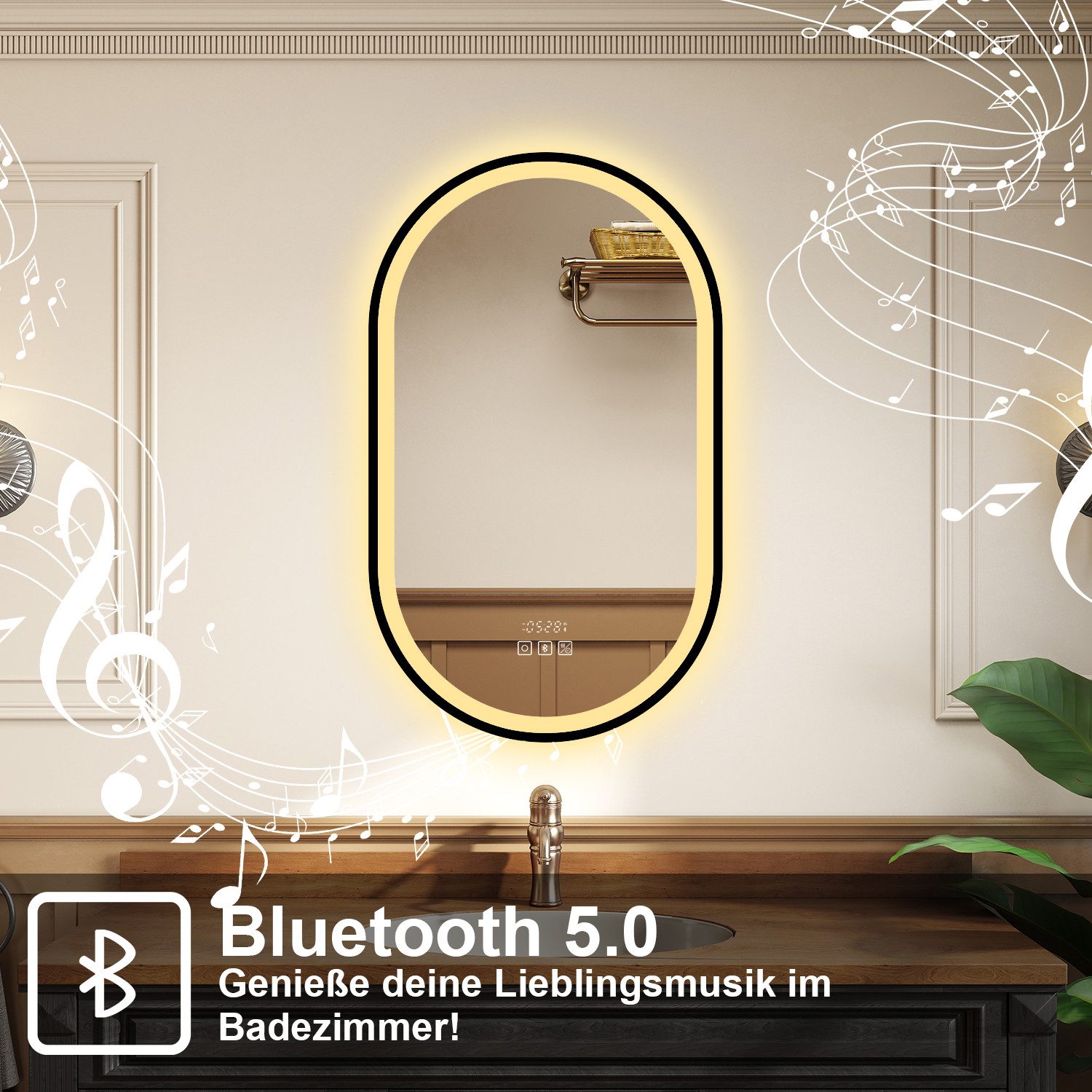 duschspa Badspiegel mit LED Beleuchtung Kalt/Neutral/Warmweiß dimmbar Beschlagfrei, Bluetooth 5.0, Uhr – Bild 4 von 5