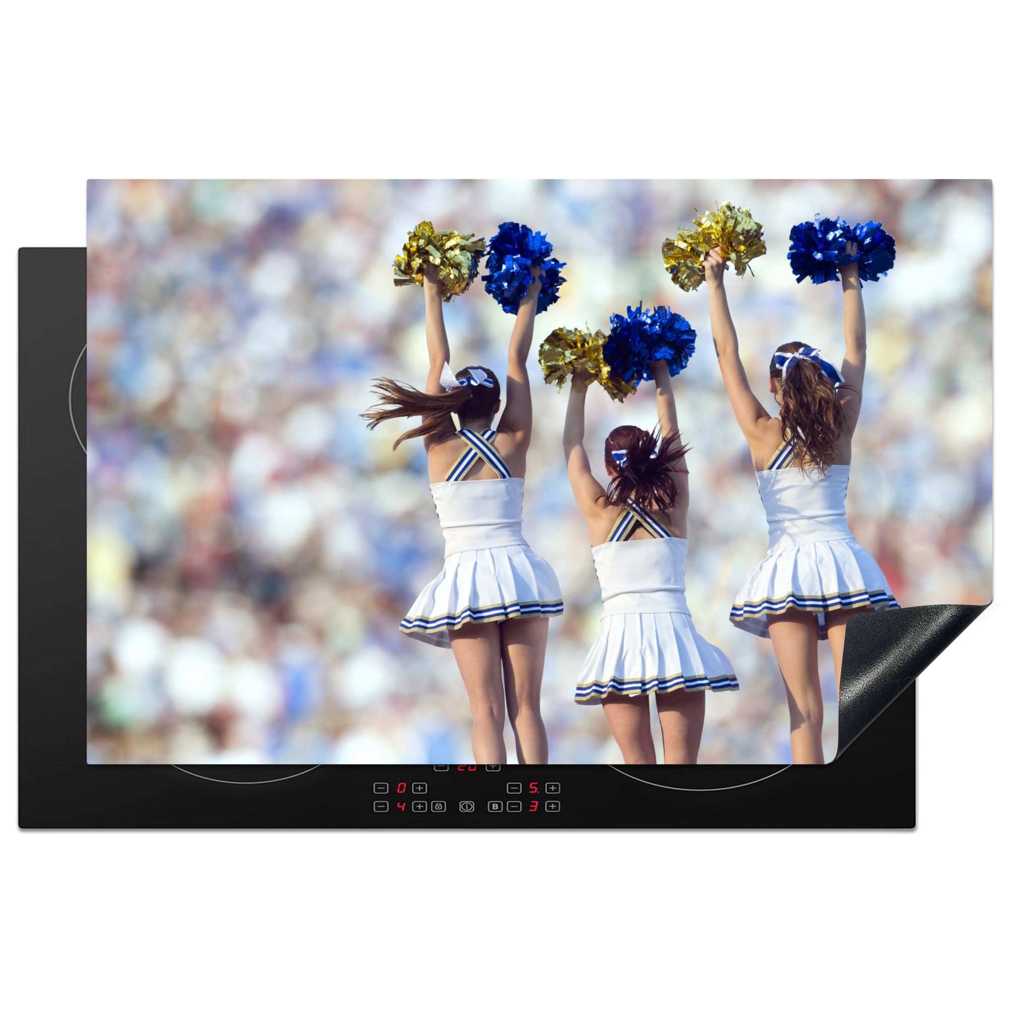 MuchoWow Herdblende-/Abdeckplatte Drei jugendliche Cheerleader üben ihren Sport in einem vollen Stadion, Vinyl, (1 tlg), 81x52 cm, Induktionskochfeld Schutz für die küche, Ceranfeldabdeckung