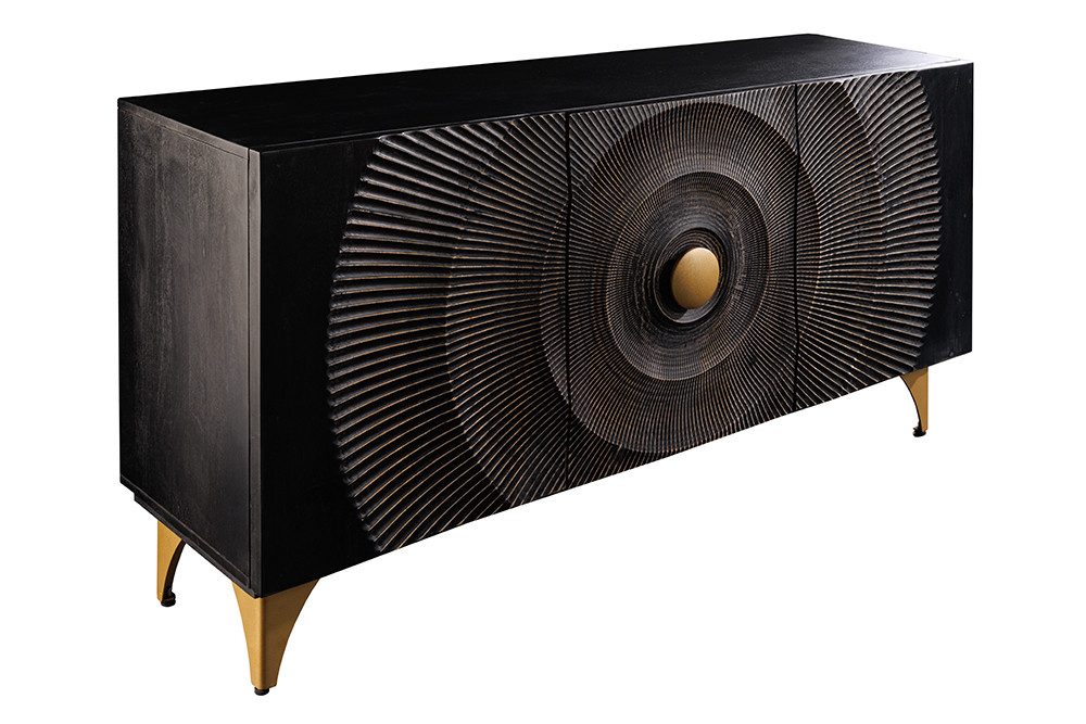 riess-ambiente Sideboard GOLDEN SUNSET 140cm schwarz/gold - Massivholz, 3D-Front, Soft-Close (Einzelartikel, 1 St), handgefertigt mit viel Stauraum – ideal für Wohnzimmer & Esszimmer