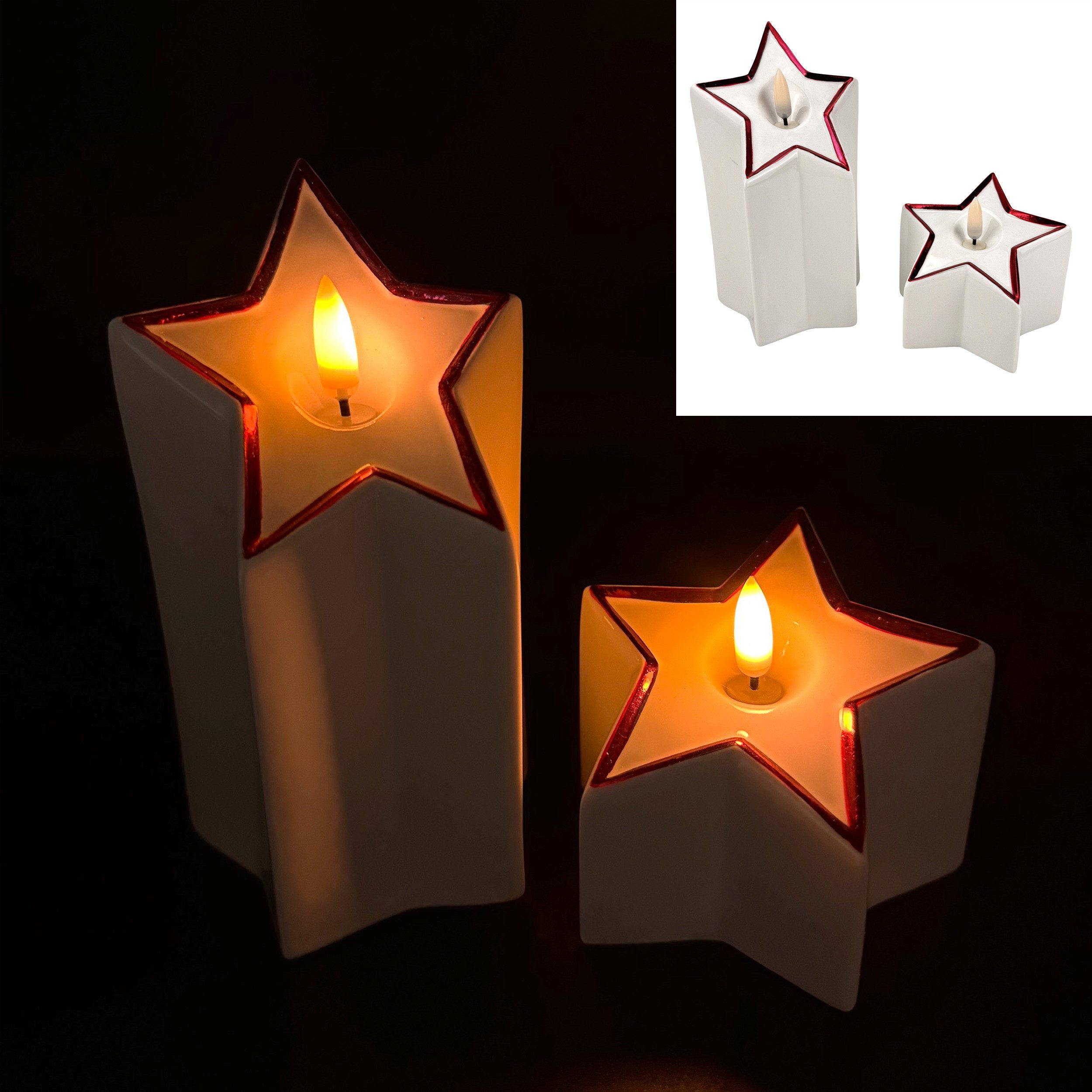 Online-Fuchs LED-Kerze - 2er Set LED-Kerzen aus Porzellan mit 6-Stunden Timer (realistische Kerzenflamme, moderne Sternform), stilvolle Weihnachtsdeko für Wohnzimmer, Esszimmer oder Flur