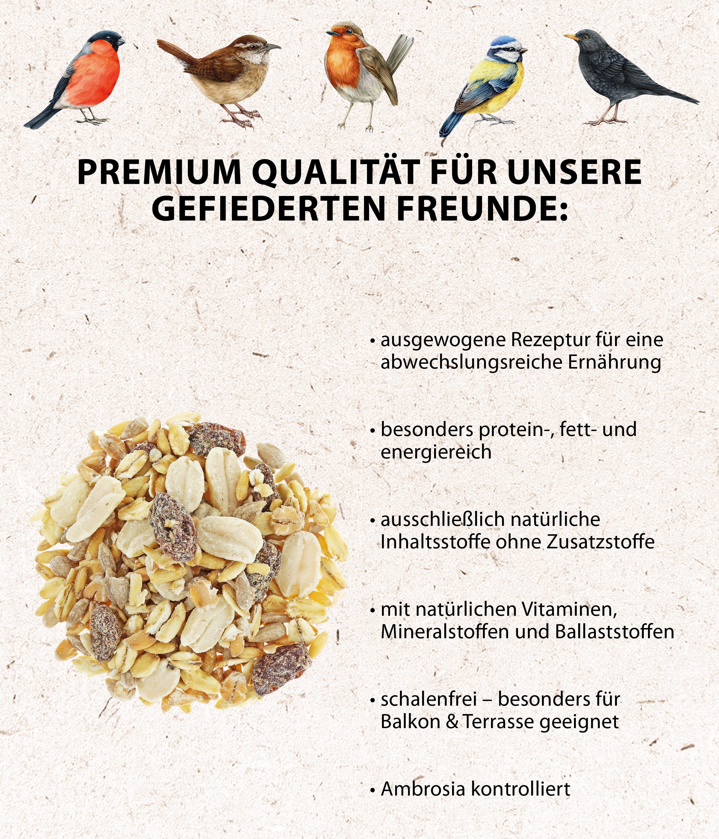 Dehner Natura Premium Wildvogel Streufutter, schalenfrei, Hauptfutter für: Gartenvögel, Wildvogel, für verschiedenen Vogelarten wie Amsel, Spatz