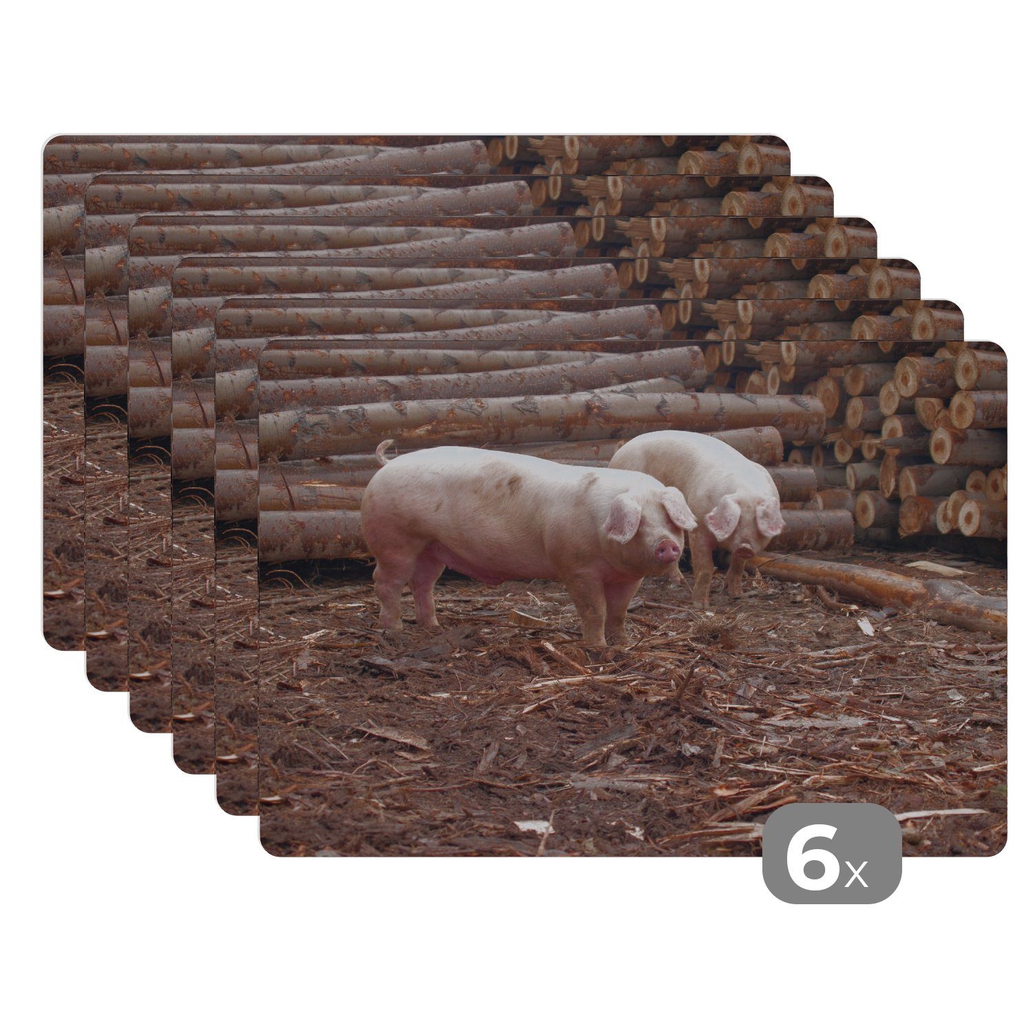 Platzset, Schweine - Holz Platzdecken, MuchoWow, Baum, Platzmatte, (6-St), Platzset, - Schmutzabweisend Tischmatten