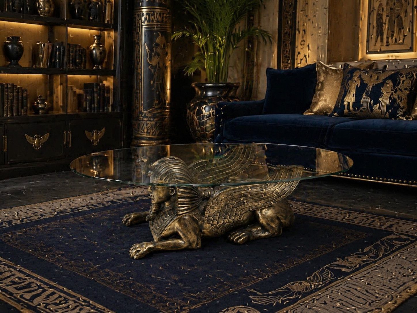 Xlmoebel Couchtisch Egyptischer Sphinx Tisch aus Glas und Metall, elegantes Design Sofort, Antikes Design, Hochwertige Verarbeitung, Stabilität