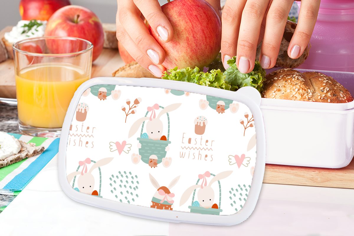 weiß für Lunchbox Jungs Brotdose, Osterkorb, für - (2-tlg), Brotbox und Erwachsene, Kinder Mädchen und Muster - Ostern Kunststoff, MuchoWow