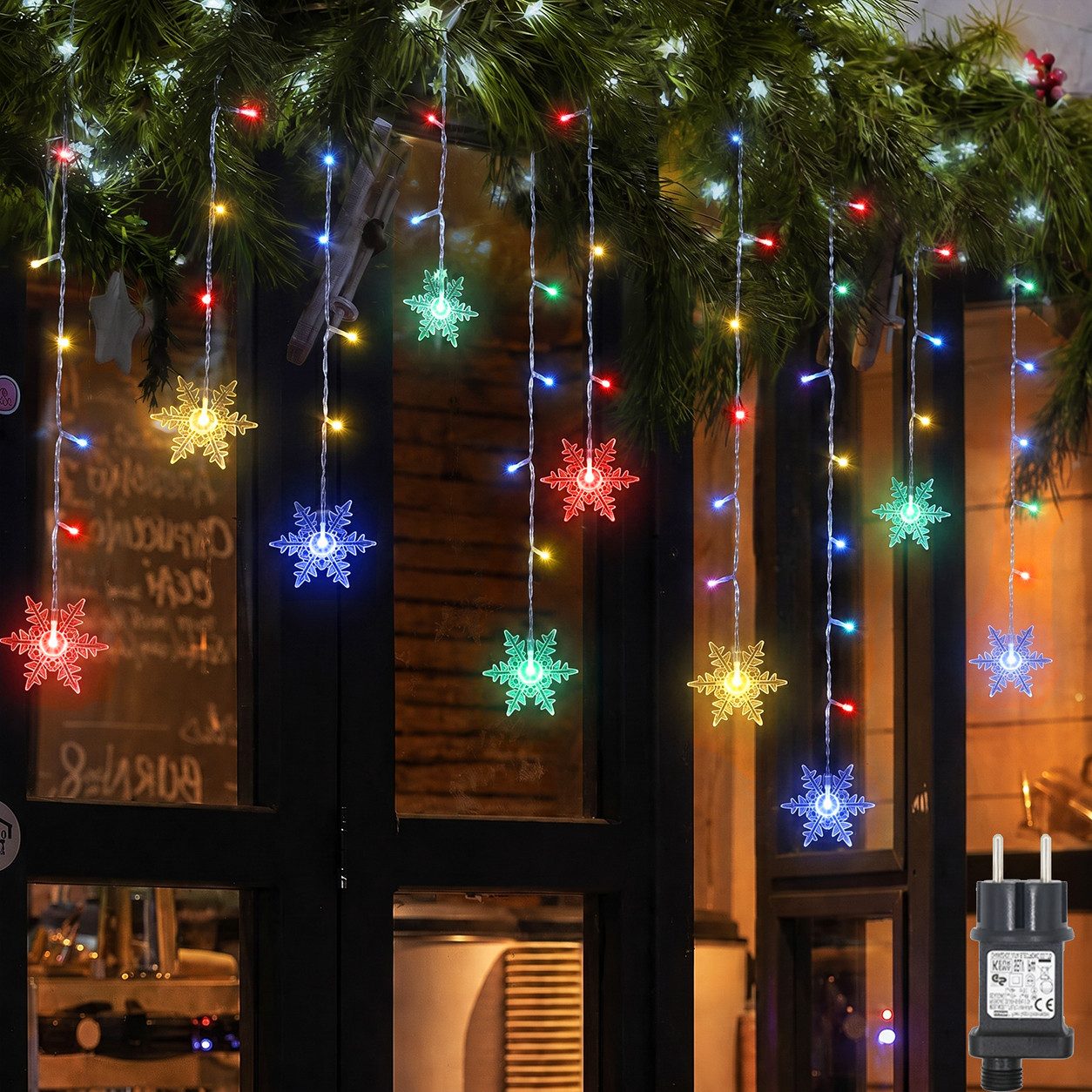 SERBASIC Lichtervorhang LED Schneeflocke Lichterkette, mit 8 Modi und Speicherfunktion, Timer, für Außen Weihnachten, Hochzeit, Balkon, Große Schneeflocke