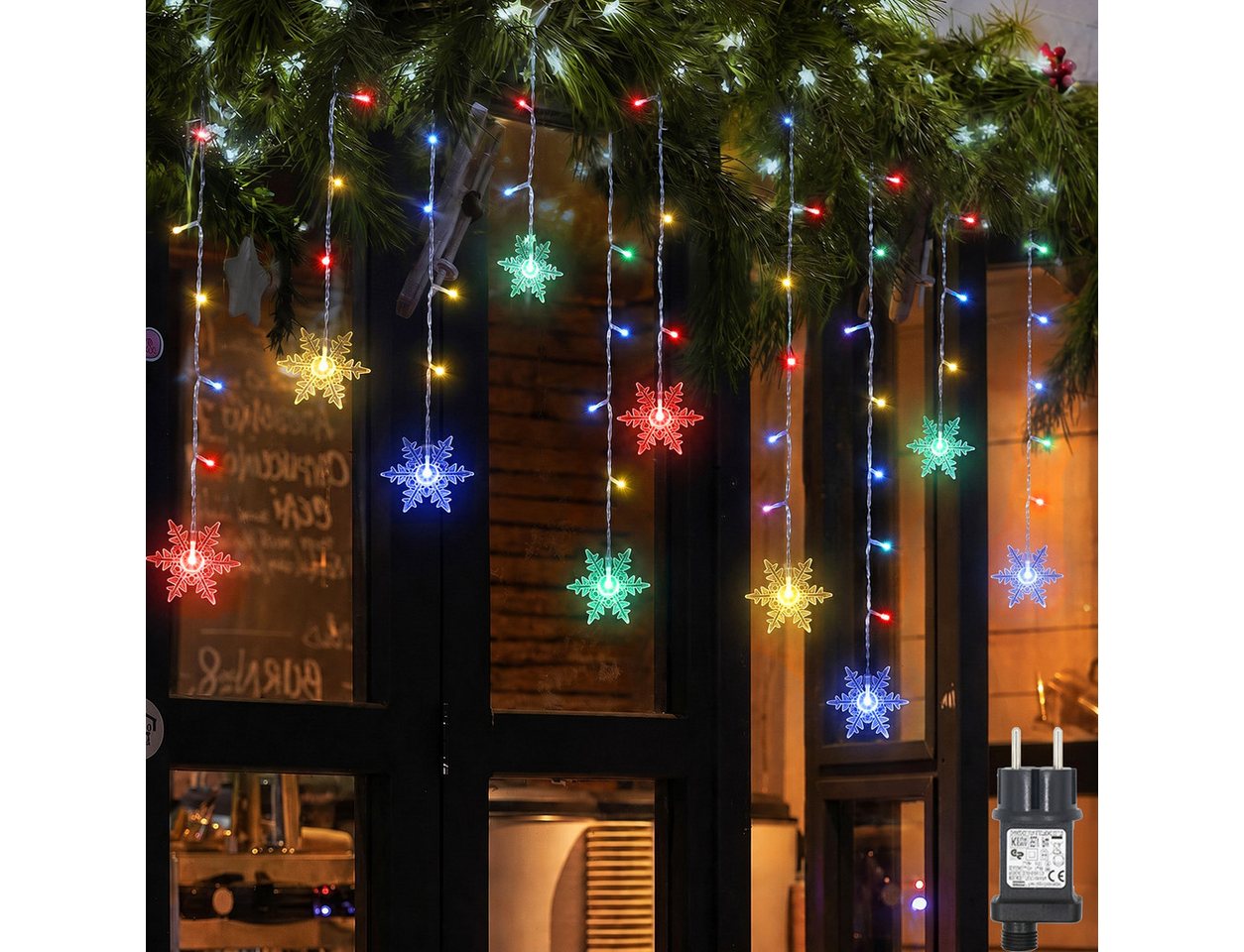 SERBASIC Lichtervorhang LED Schneeflocke Lichterkette, mit 8 Modi und Speicherfunktion, Timer, für Außen Weihnachten, Hochzeit, Balkon, Große Schneeflocke