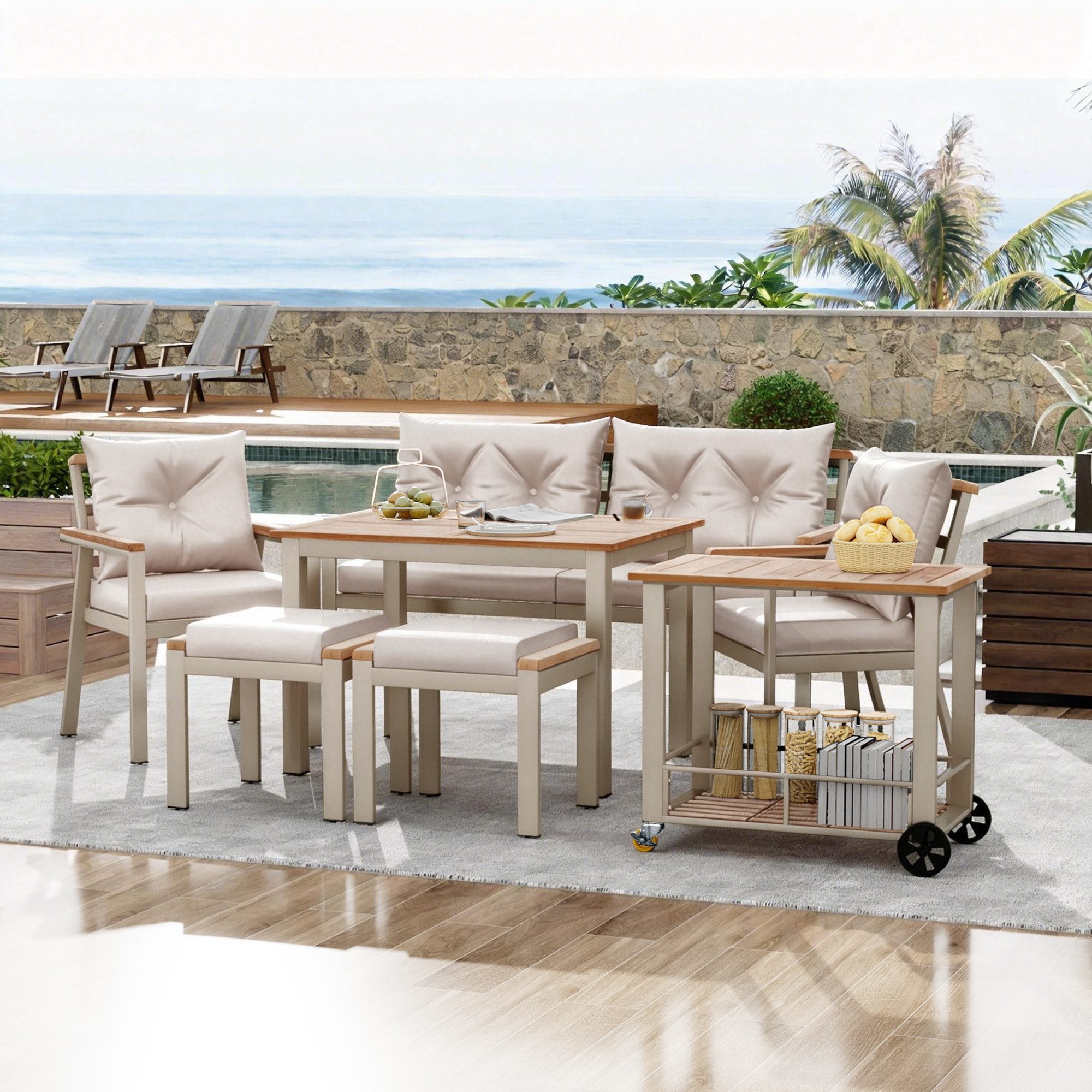 Flieks Gartenlounge-Set, 6-Sitzer Gartenmöbel Sitzgruppe Esstisch mit abnehmbarem Servierwagen