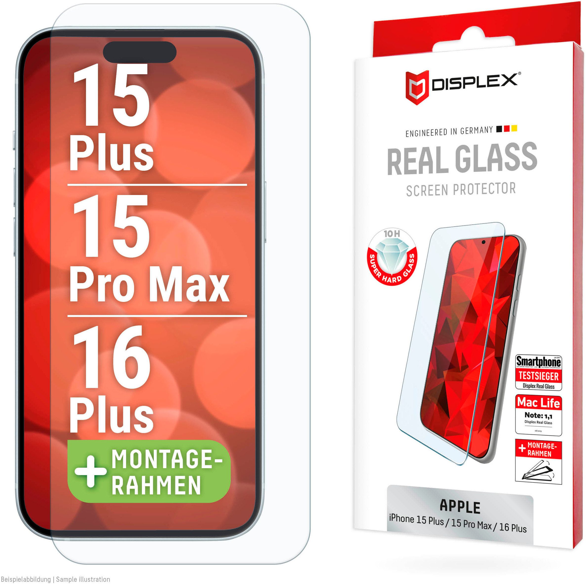Displex Displayschutzglas Real Glass Screen Protection für Apple iPhone 15 Plus, Apple iPhone 15 Pro Max, Apple iPhone 16 Plus, Displayschutzfolie, Schutzfolie, Bildschirmschutz, kratz- & stoßfest