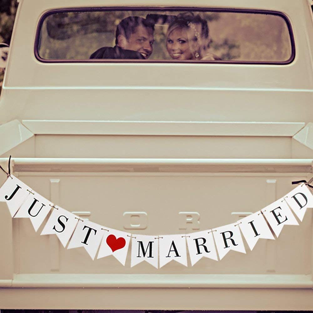 Bomiclss Hängedekoration Vintage Girlande "Just Married" – Rustikale Deko für Hochzeit (1 St), Dekobanner für Brautparty, Junggesellinnenabschied & Fotohintergründe