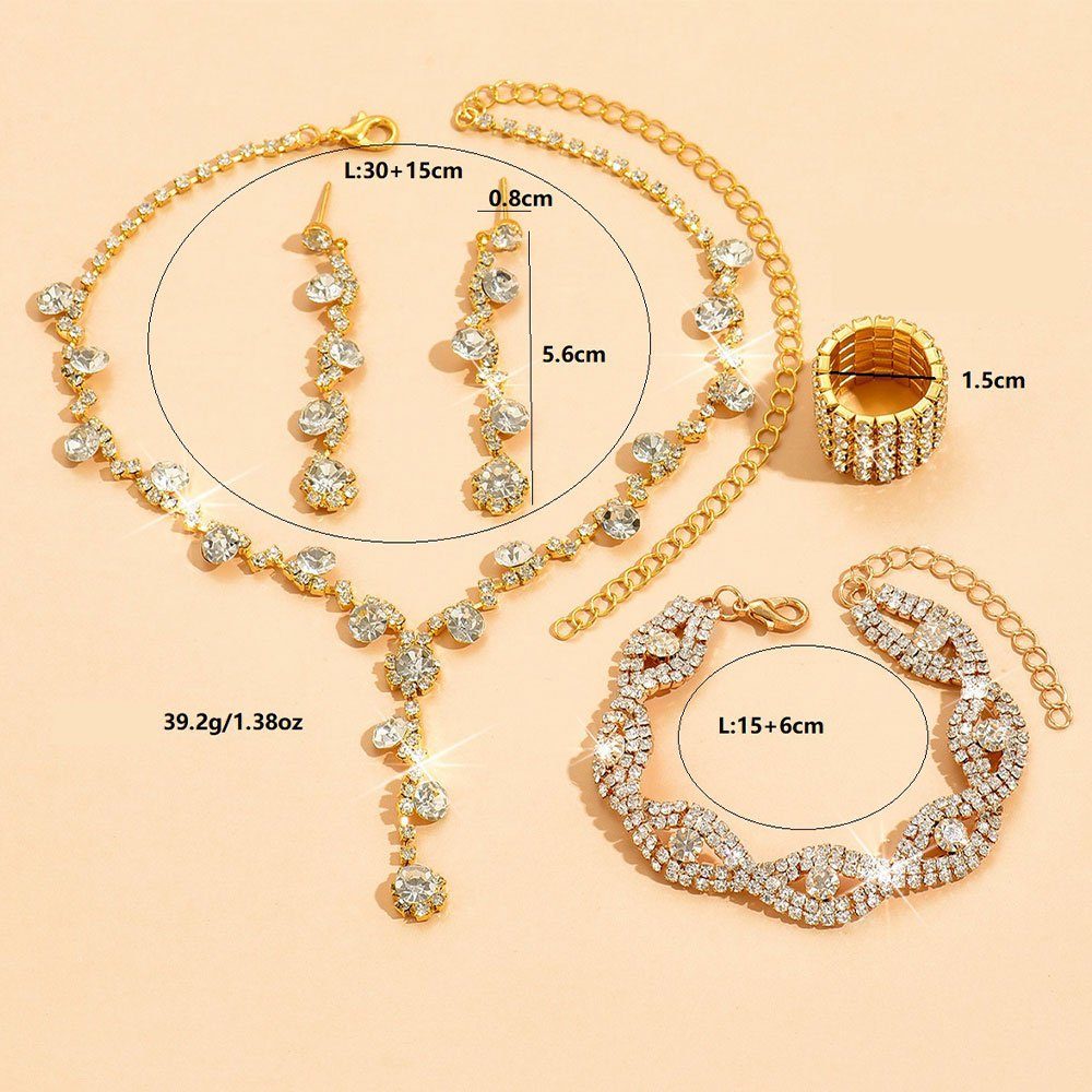 LAKKEC Schmuckset Funkelnde Strass-Halskette Ohrringe Gold Armband Damenschmuck Hochzeitsset, und 4-tlg Ring