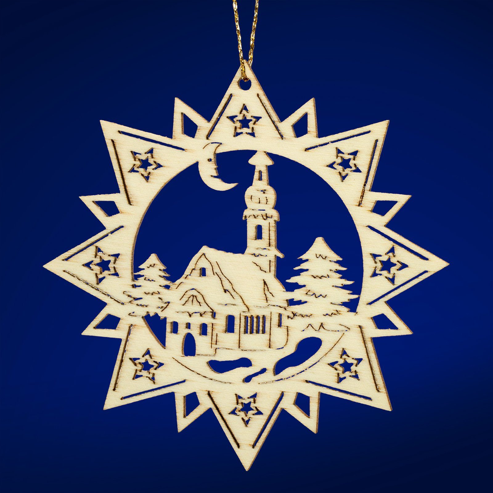 SIKORA Christbaumschmuck BS-LS Traditionelle Filigrane Weihnachtsbaum Anhänger aus Holz - 28 Modelle wählbar M3 Mehrzackstern Dorfkirche D 8.8cm