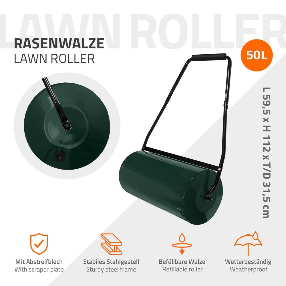 ECD Germany Rasenwalze Rasenroller zur Bodenverdichtung befüllbar mit Wasser/Sand Bodenwalze, 59.5 cm,Stahl Gartenwalze 50L Füllvolumen 60 cm breit Ø31,5cm Handwalze Grün