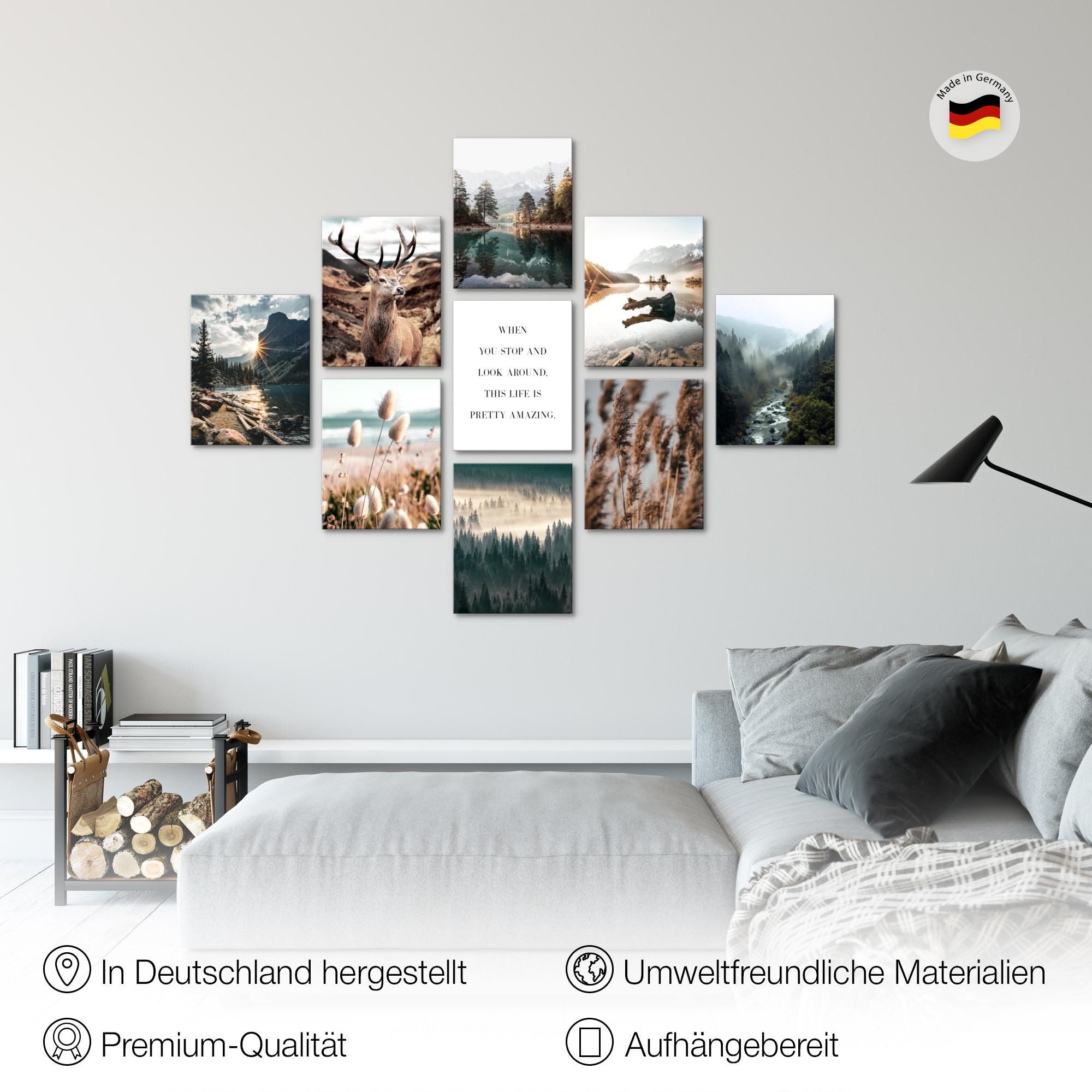 Novart Wandbild Wandbilder Set Wohnzimmer Wald Hirsch Natur Berge, (9 St)