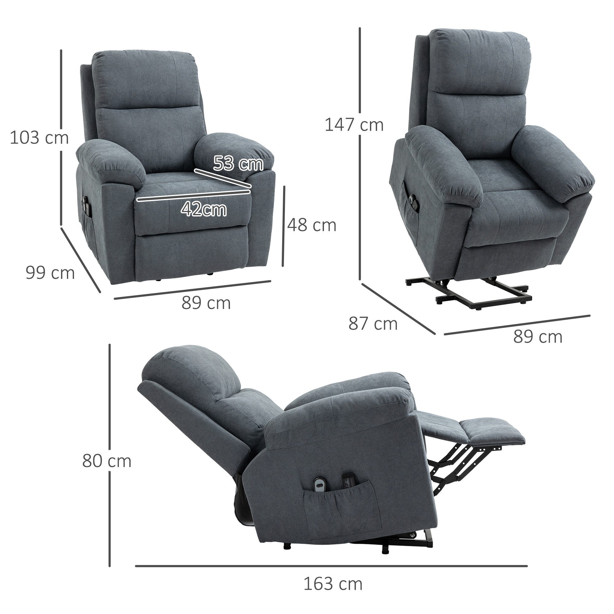 HOMCOM Massagesessel Relaxsessel, TV-Sessel, mit Liegefunktion, Fernsehsessel aus Leinen (Ruhesessel, 1-St., Aufstehsessel), mit Fernbedienung