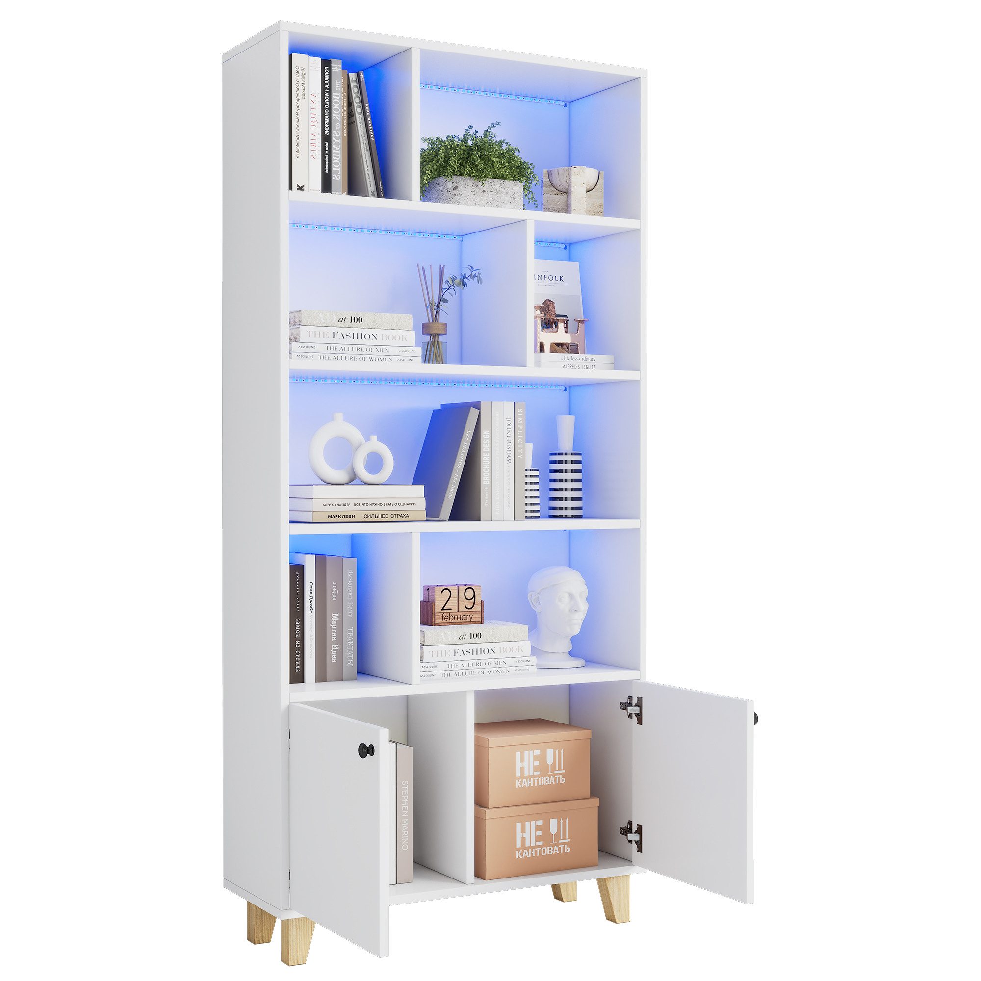 Merax Bücherregal Bücherschrank mit LED-Ambientebeleuchtung, 80x30x173 cm 1-tlg., Aufbewahrungschrank mit 7 Fächern, Doppeltüren und Massivholzbeinen