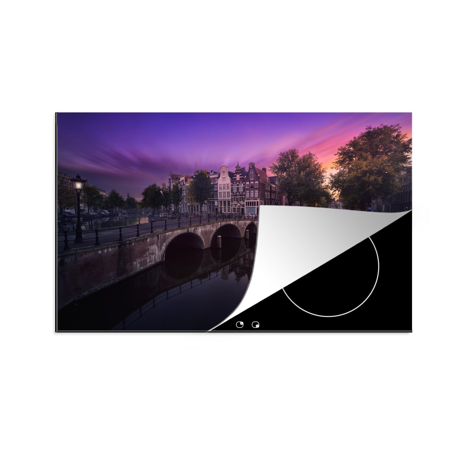 MuchoWow Herdblende-/Abdeckplatte Bild der Keizersgracht in Amsterdam unter einem bunten Himmel, Vinyl, (1 tlg), 81x52 cm, Induktionskochfeld Schutz für die küche, Ceranfeldabdeckung