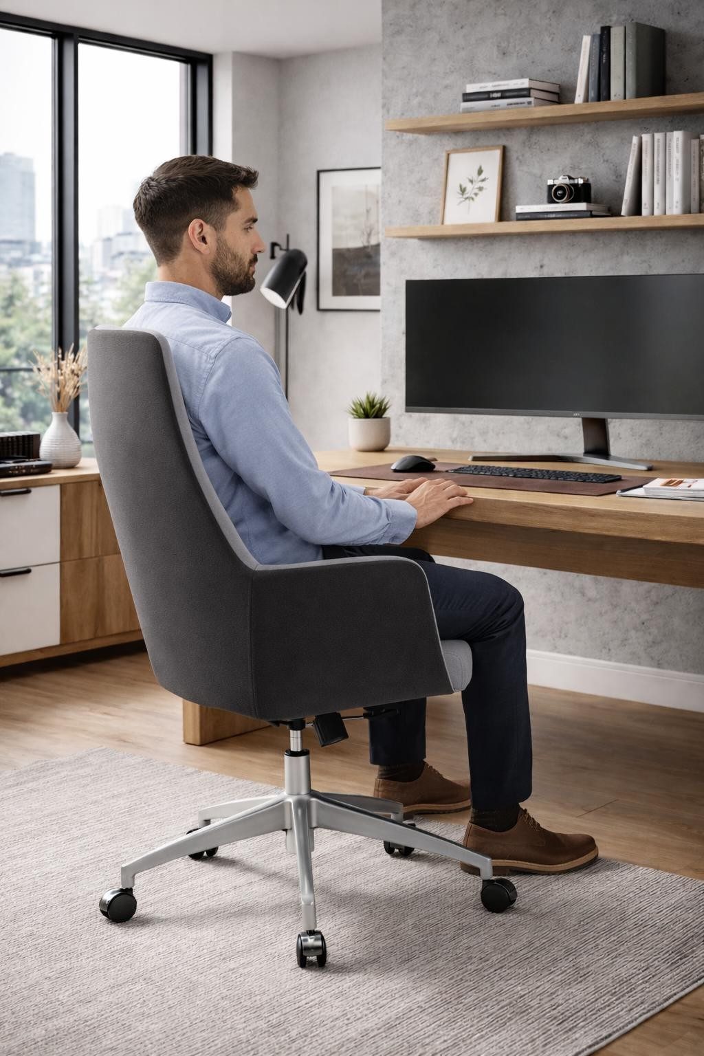 Xlmoebel Chefsessel Eleganter grauer Chefsessel mit hoher Rückenlehne und Armlehnen, Made in Europa