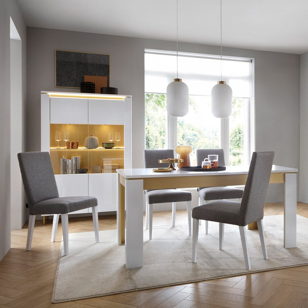 Lomadox Esszimmer-Set LUKA-129, (Spar-Set, 2-St., Esstisch Vitrinenschrank), weiß mit goldfarbenen Akzenten, inkl. Beleuchtung