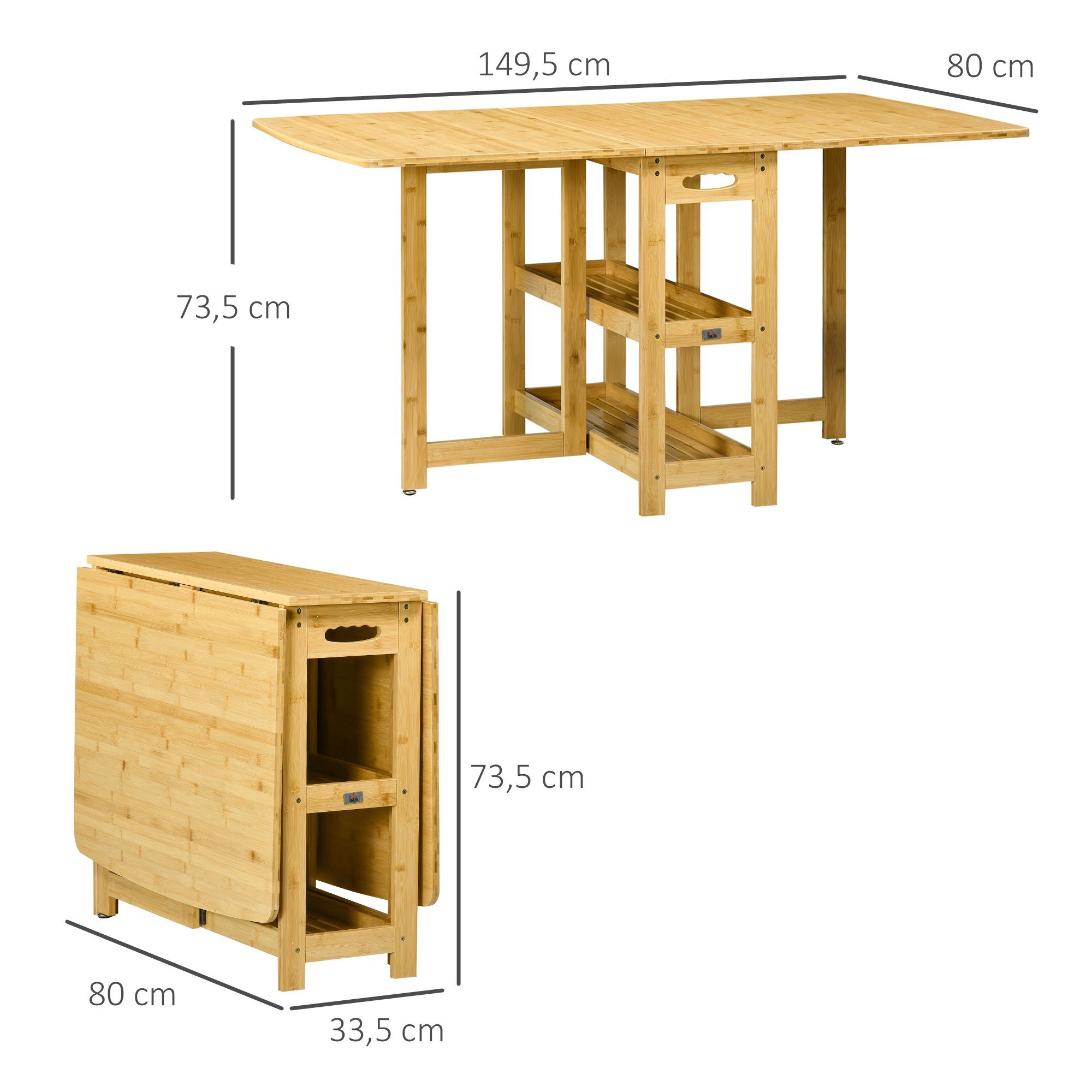 HOMCOM Klapptisch Küchentisch mit Ablagefächer und verstellbaren Füße (Kaffeetisch, 1-St., Esszimmertisch), Bambus Naturholz 149,5 x 80 x 73,5 cm