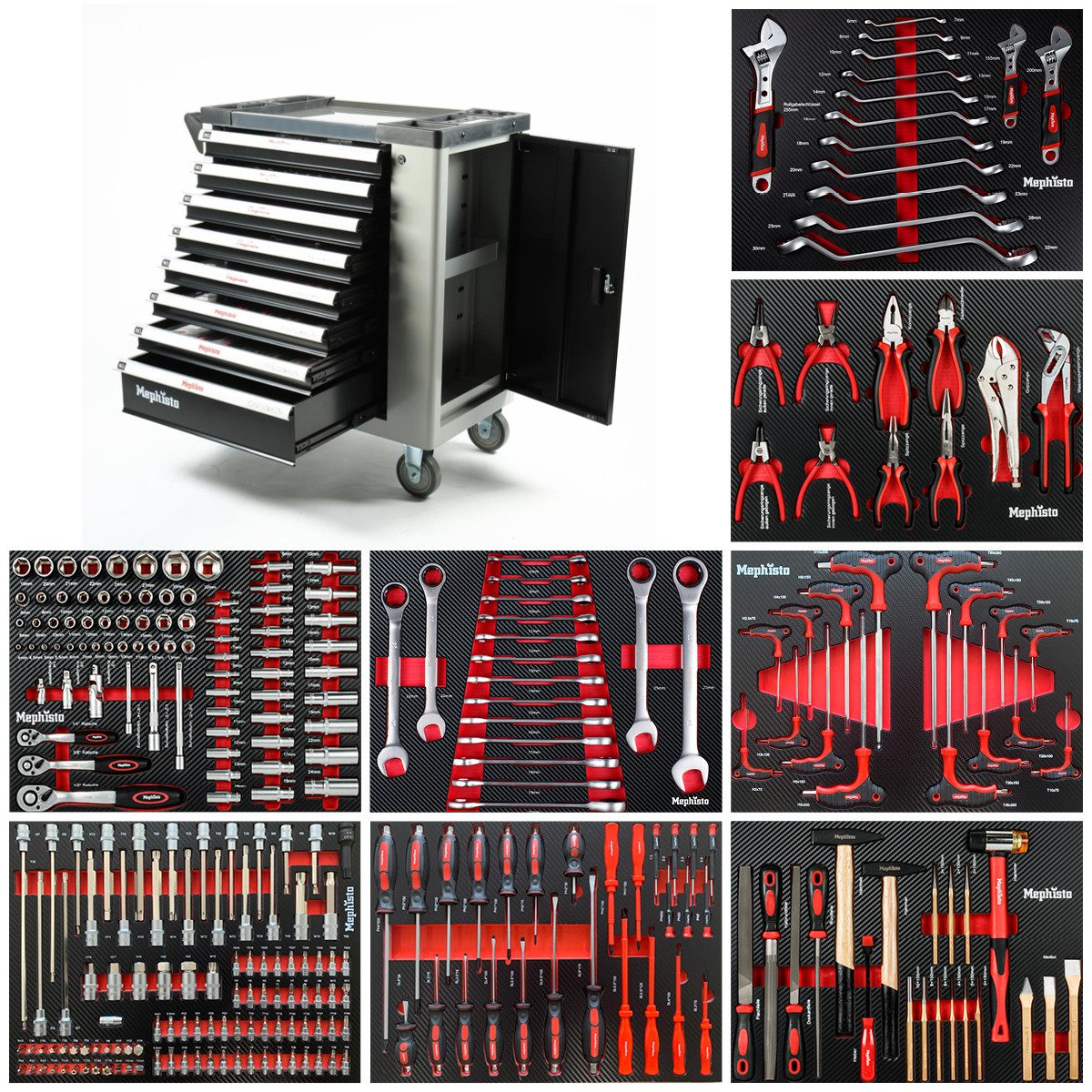 Mephisto-Tools Werkzeugwagen, (fertig montiert und bestückt), Schubladen abschließbar und bis je 35 kg belastbar, 2 Schlüssel inkl.
