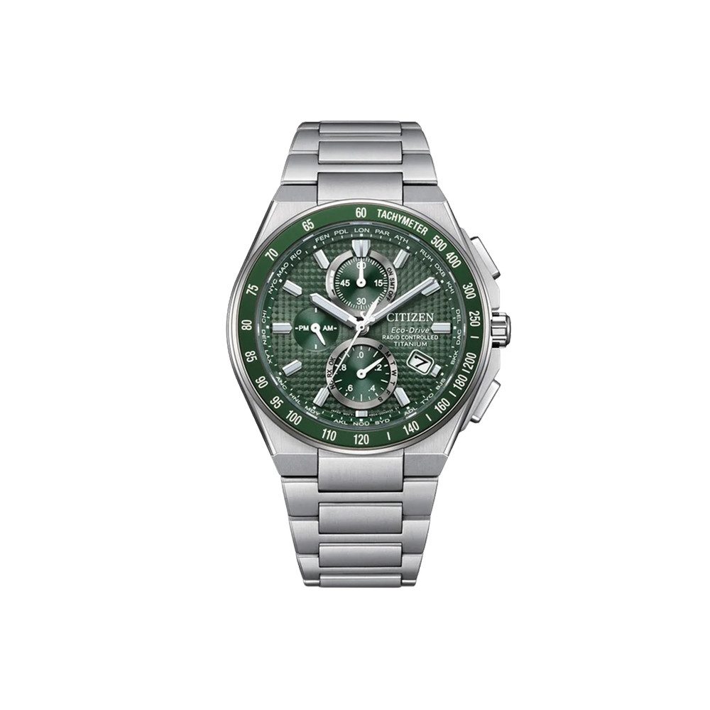 Citizen Quarzuhr Citizen AT8398-53X AT8398-53X, (100-tlg), Citizen Eco-Drive Funk-Chronograph mit Titan und grünem Zifferblatt.